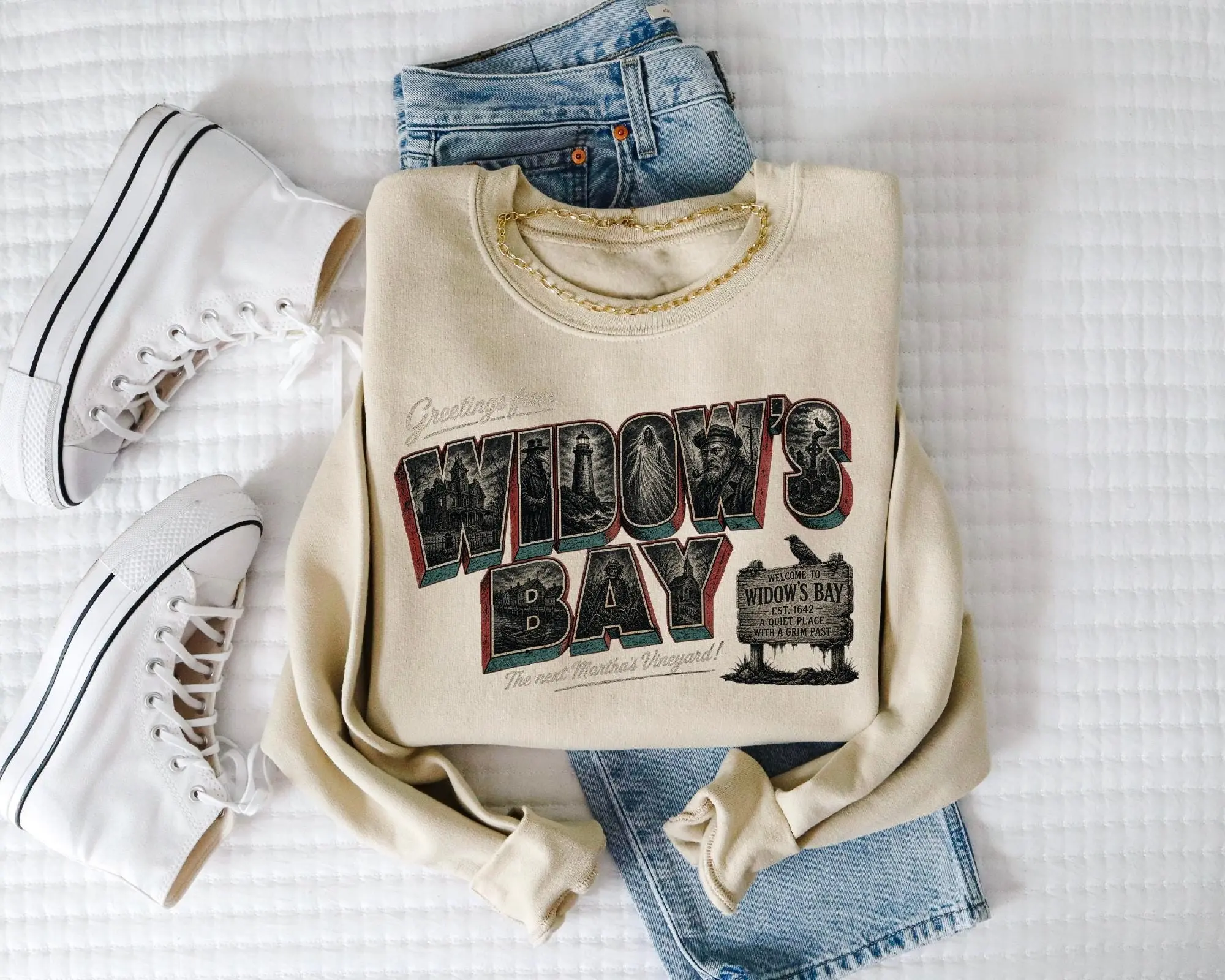 Greetings From Widows Bay Sweatshirt, Vintage Halloween Postcard Spooky Season Graphic Top - photo 5