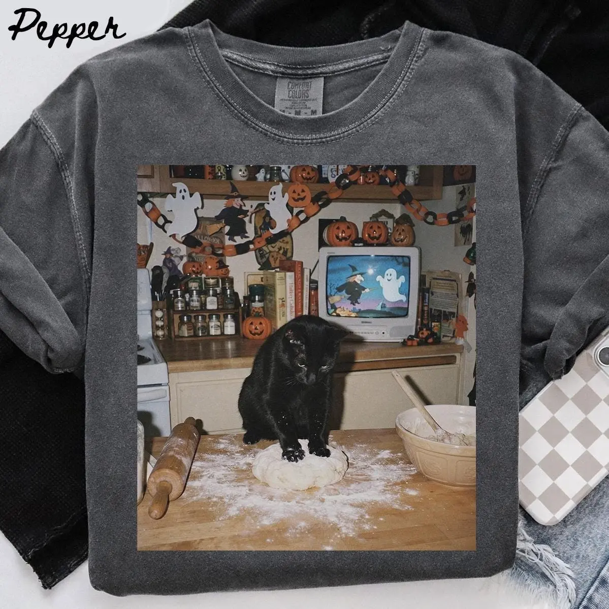 Comfort Colors Halloween Black Cat Shirt, Pumpkin Cat Mom Tee, Funny Ghost Mama Graphic Top, Trendy Pet Lover Gift