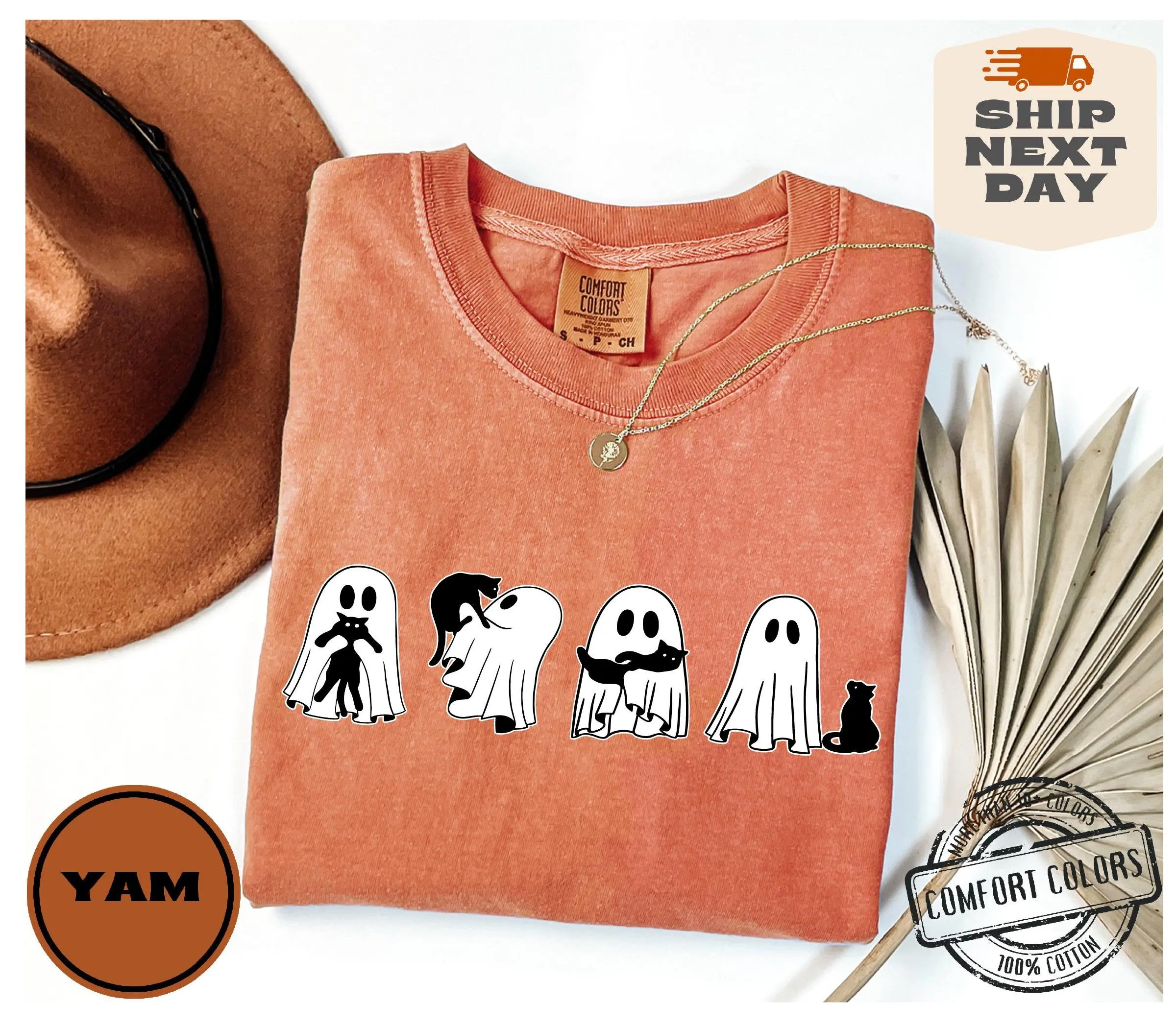 Comfort Colors Halloween Black Cat And Ghost Shirt, Cute Spooky Season Graphic Tee