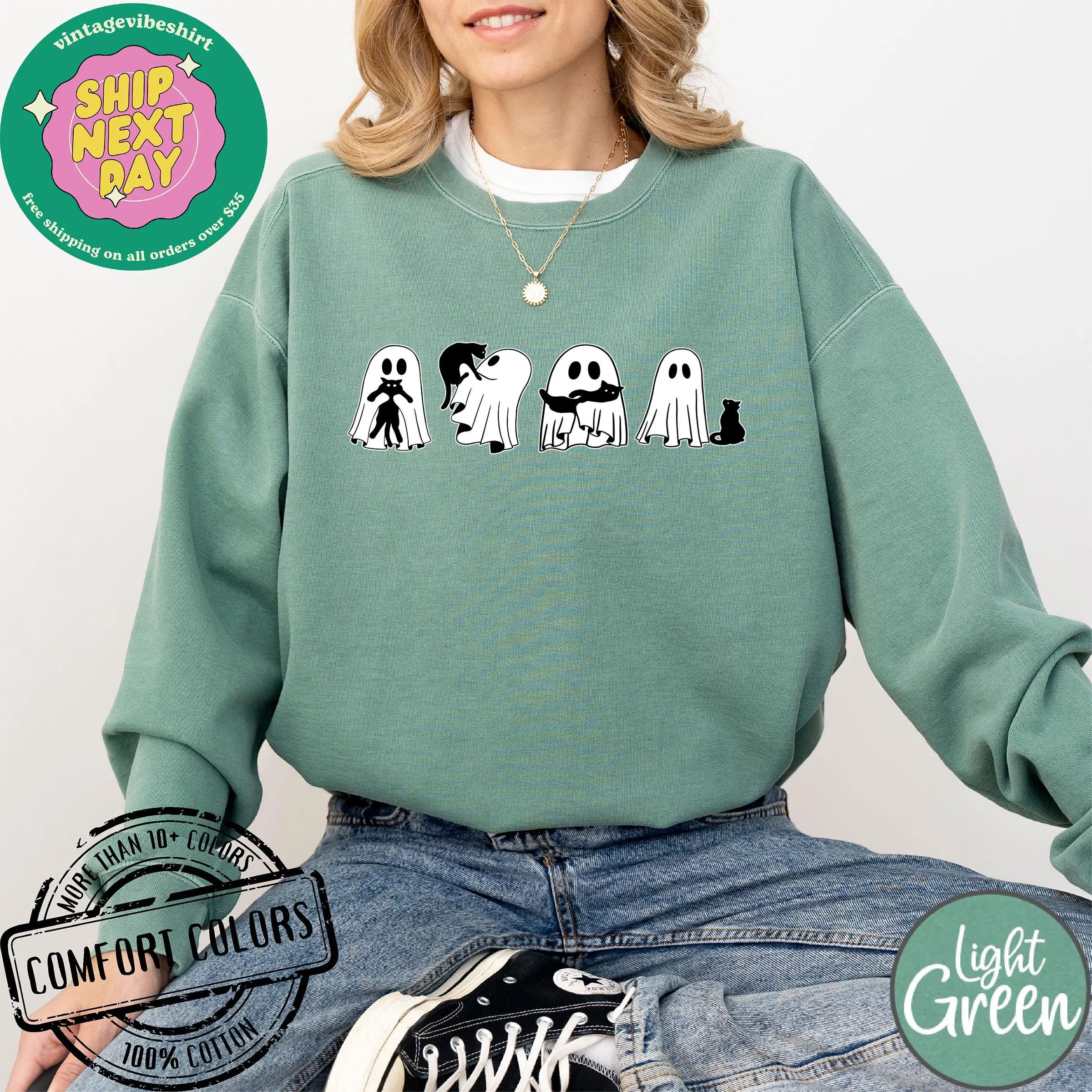 Comfort Colors Halloween Black Cat And Ghost Shirt, Cute Spooky Season Graphic Tee - photo 2