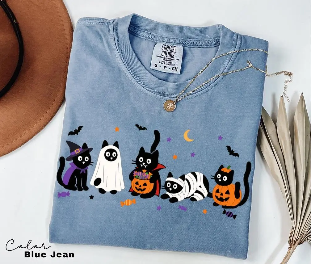 Halloween Black Cat Shirt, Funny Spooky Witch Kitten Tee, Cat Mom Graphic Top