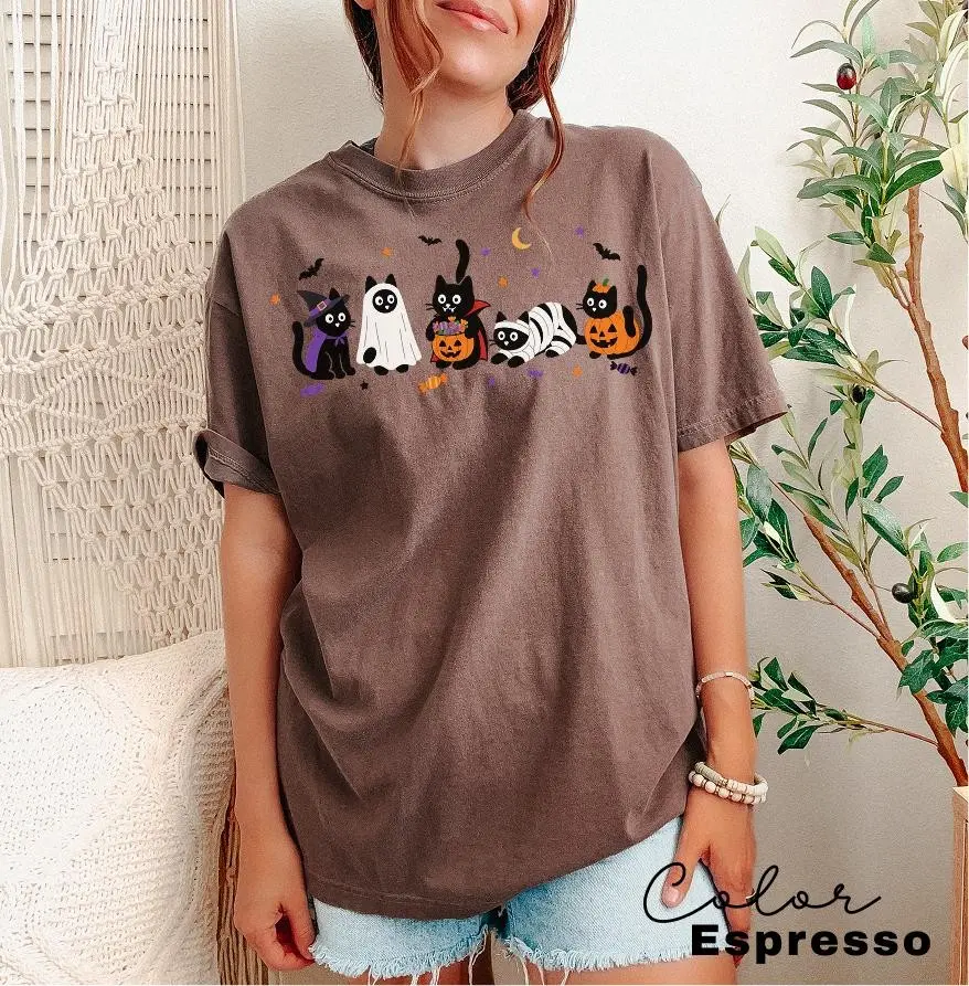 Halloween Black Cat Shirt, Funny Spooky Witch Kitten Tee, Cat Mom Graphic Top - photo 2