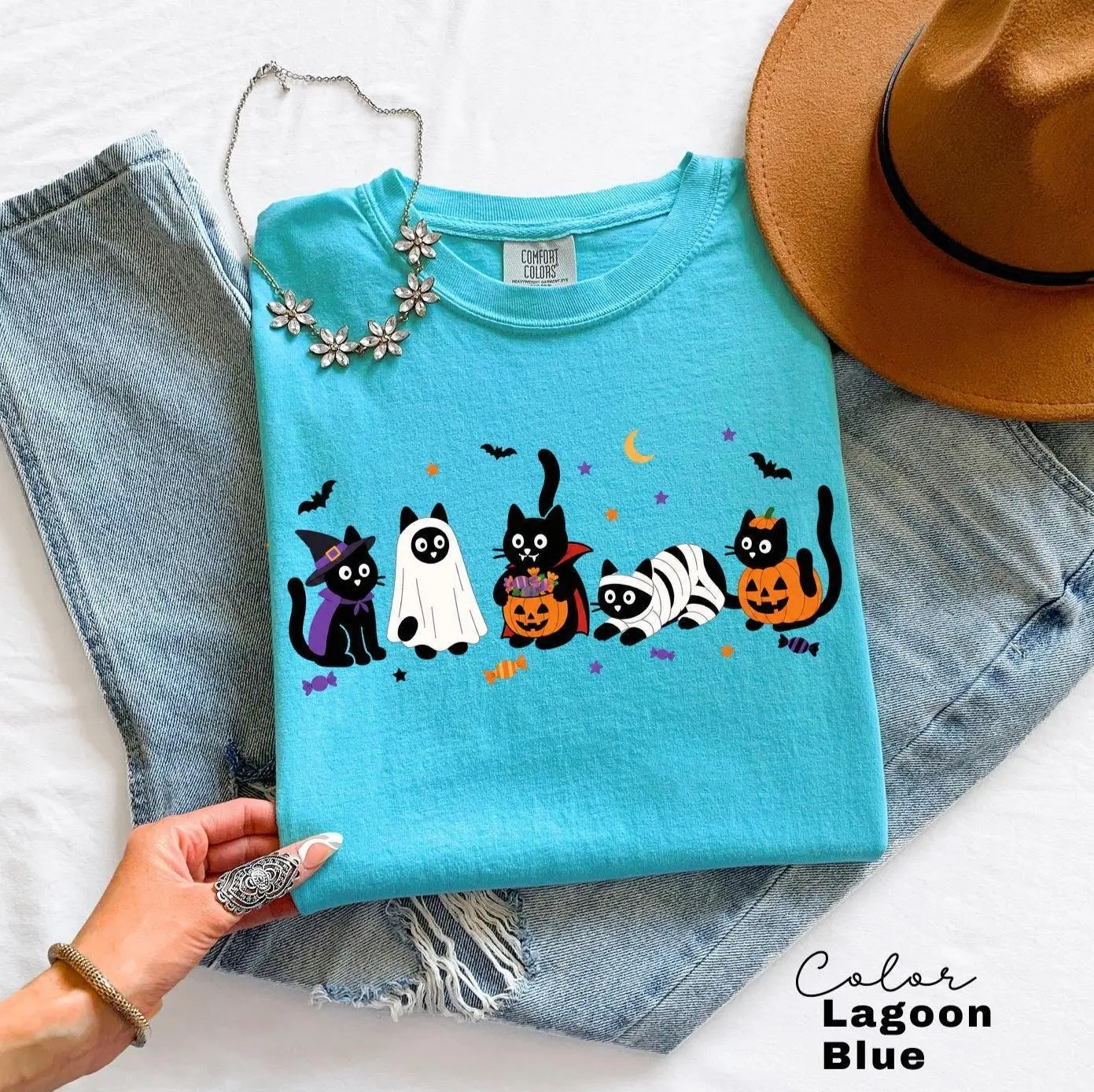 Halloween Black Cat Shirt, Funny Spooky Witch Kitten Tee, Cat Mom Graphic Top - photo 3