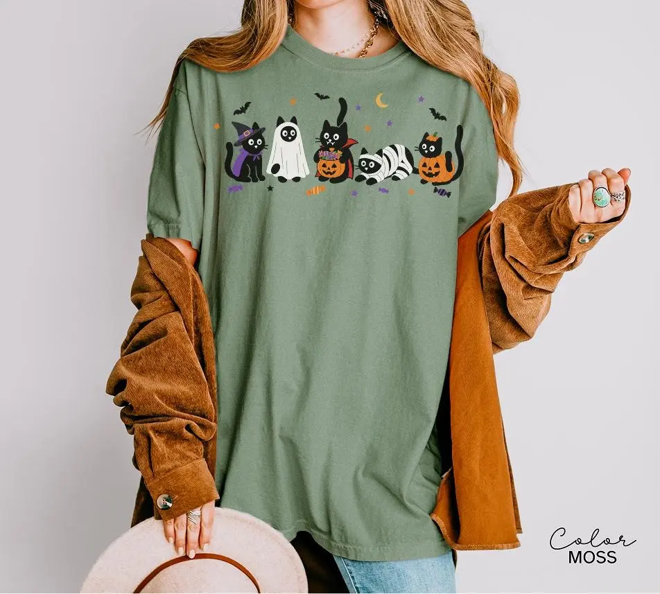 Halloween Black Cat Shirt, Funny Spooky Witch Kitten Tee, Cat Mom Graphic Top - photo 4