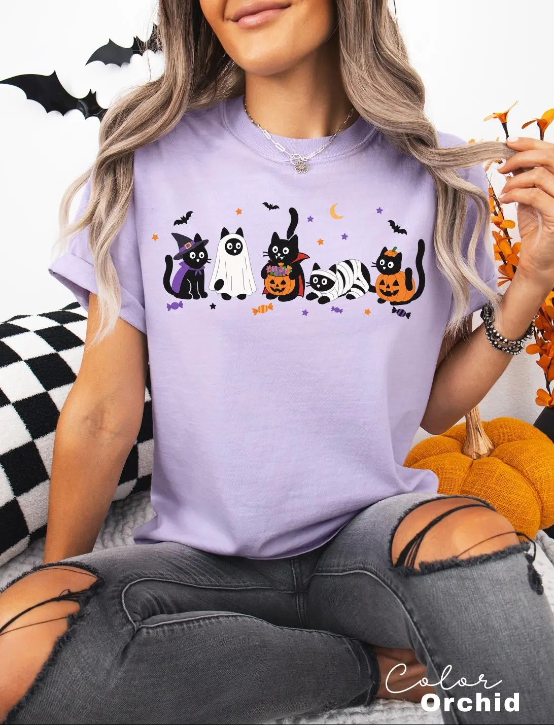 Halloween Black Cat Shirt, Funny Spooky Witch Kitten Tee, Cat Mom Graphic Top - photo 5