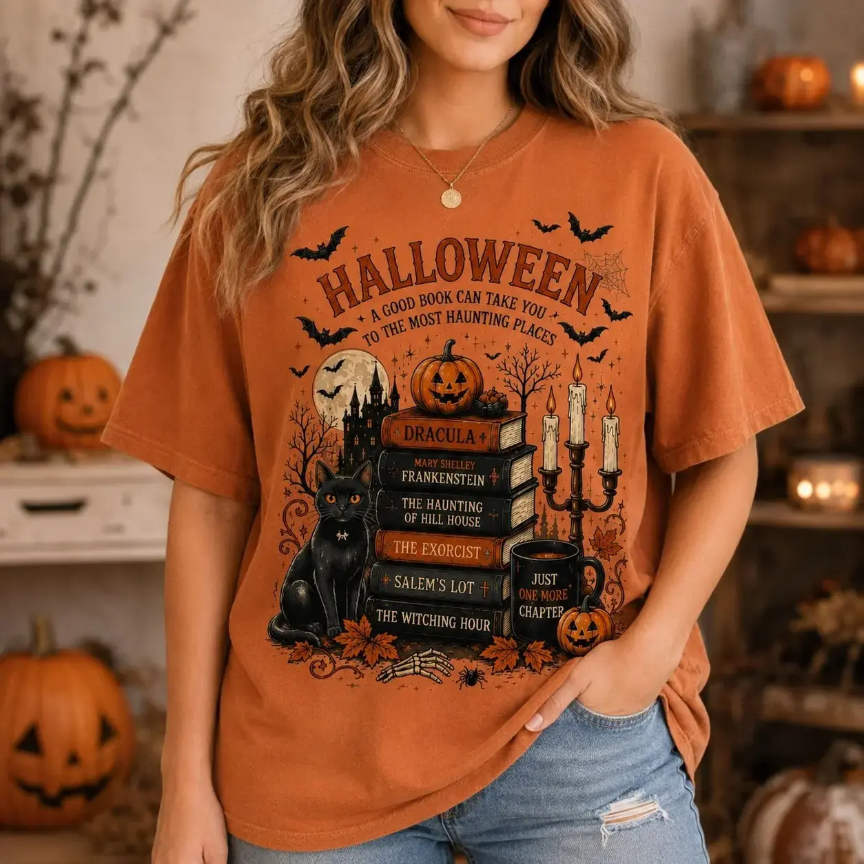Halloween Book Lover T-Shirt, Comfort Colors Spooky Reading Tee, Black Cat Pumpkin Graphic Gothic Bookish Fall Bibliophile Top