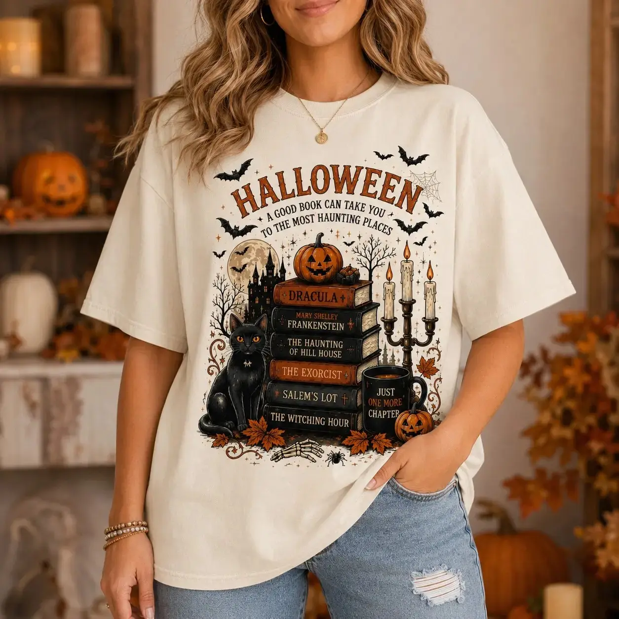 Halloween Book Lover T-Shirt, Comfort Colors Spooky Reading Tee, Black Cat Pumpkin Graphic Gothic Bookish Fall Bibliophile Top - photo 2