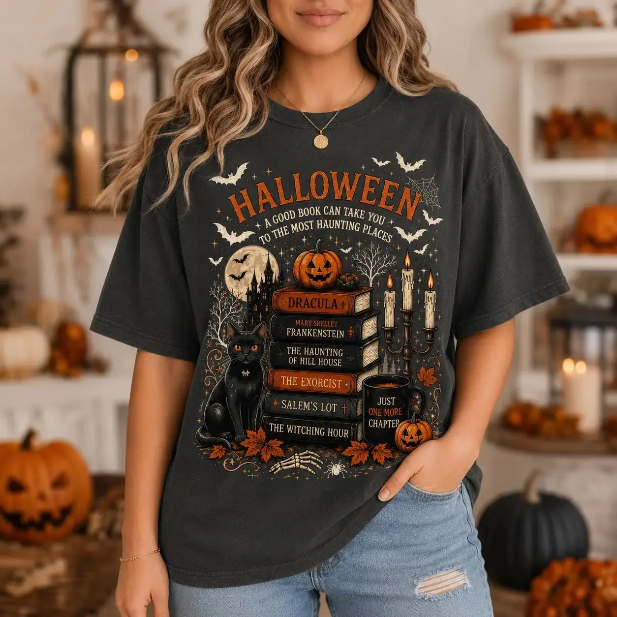Halloween Book Lover T-Shirt, Comfort Colors Spooky Reading Tee, Black Cat Pumpkin Graphic Gothic Bookish Fall Bibliophile Top - photo 3