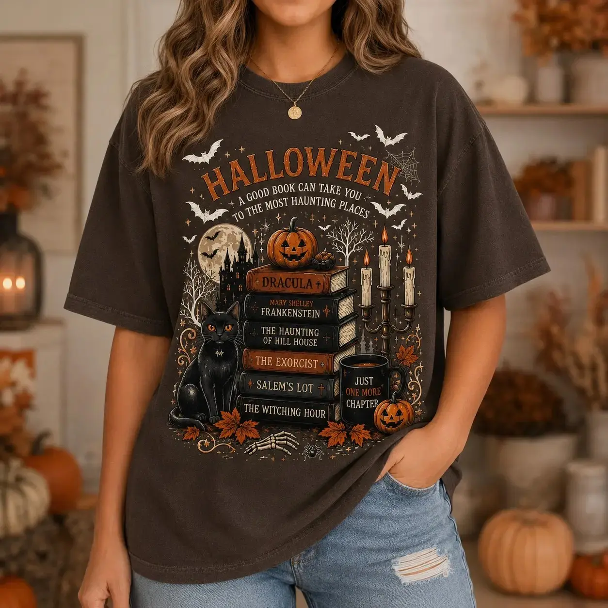 Halloween Book Lover T-Shirt, Comfort Colors Spooky Reading Tee, Black Cat Pumpkin Graphic Gothic Bookish Fall Bibliophile Top - photo 4