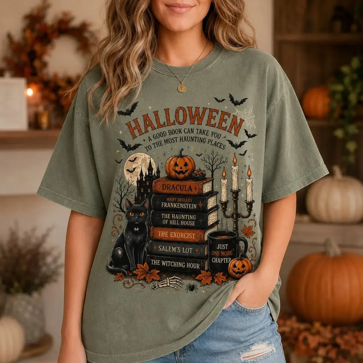 Halloween Book Lover T-Shirt, Comfort Colors Spooky Reading Tee, Black Cat Pumpkin Graphic Gothic Bookish Fall Bibliophile Top - photo 5
