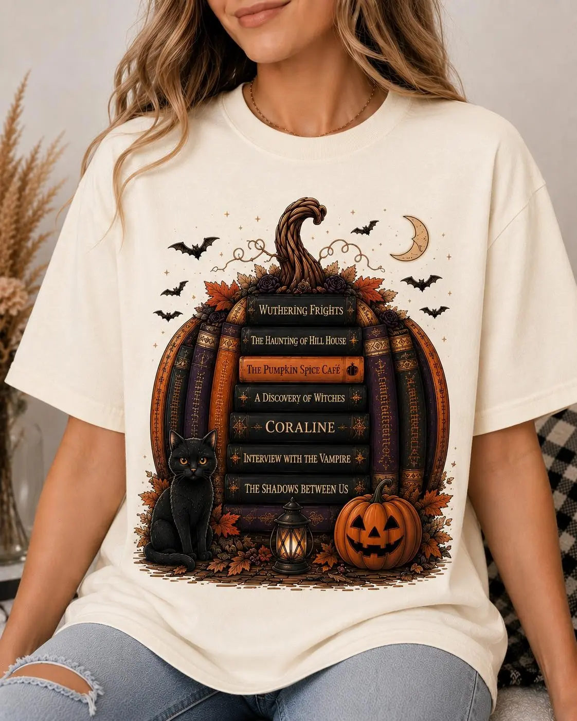 Comfort Colors Halloween Book Pumpkin Shirt, Cozy Bookish Fall Tee, Black Cat Autumn Reader Lover Top Gift - photo 2