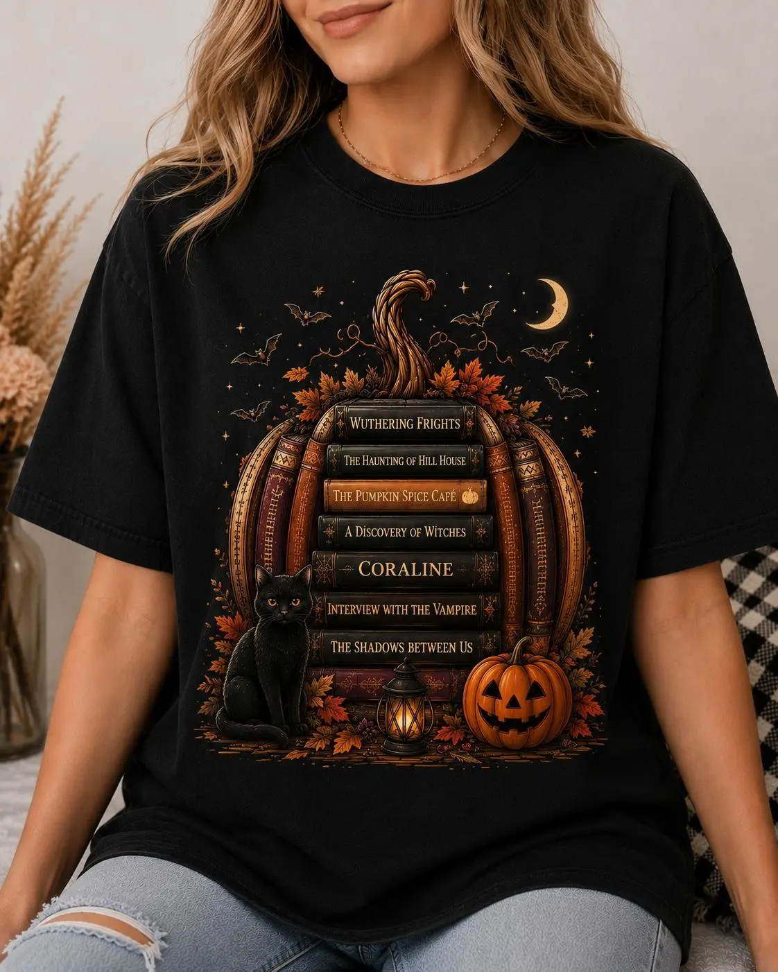 Comfort Colors Halloween Book Pumpkin Shirt, Cozy Bookish Fall Tee, Black Cat Autumn Reader Lover Top Gift - photo 3