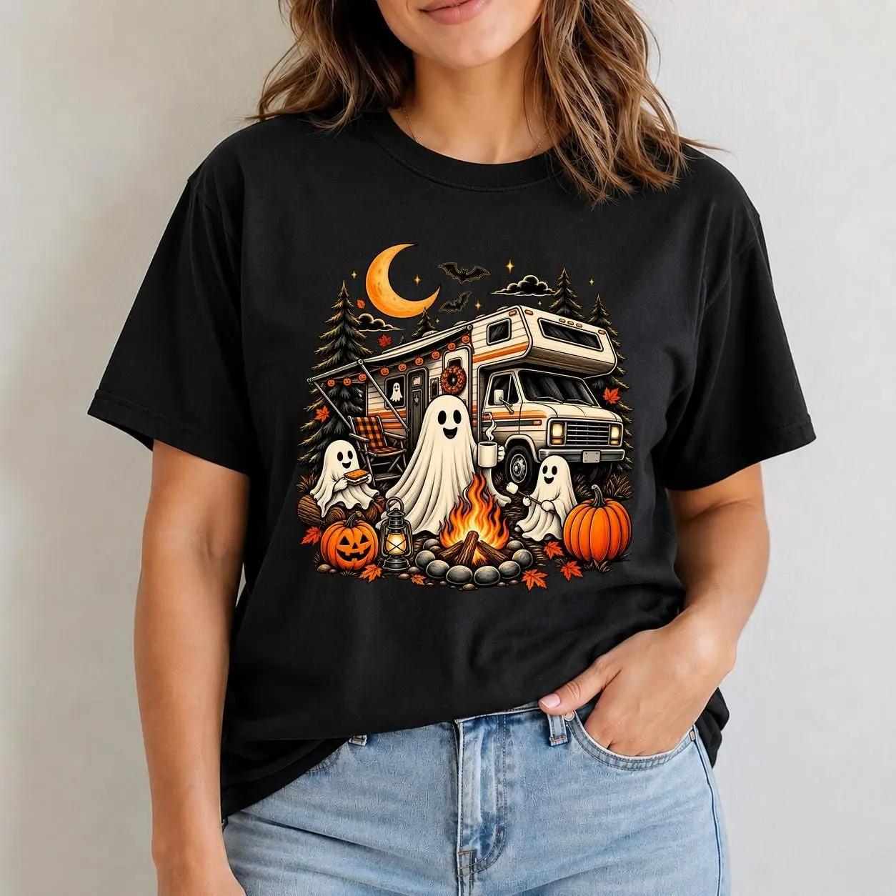 Comfort Colors Halloween Ghost RV Camper Shirt, Spooky Fall Camping Gift