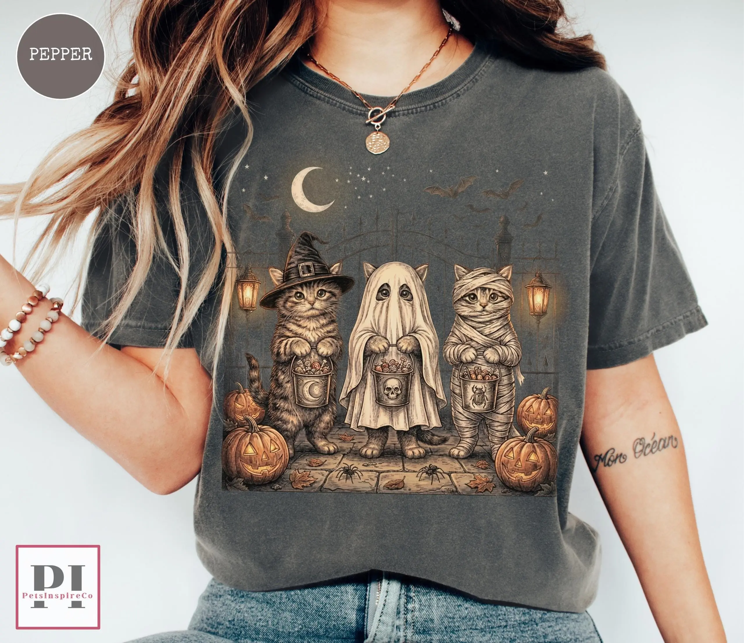 Comfort Colors Halloween Cat Shirt, Ghost Witch Mummy Graphic Tee, Cute Spooky Season Lover Gift - photo 2