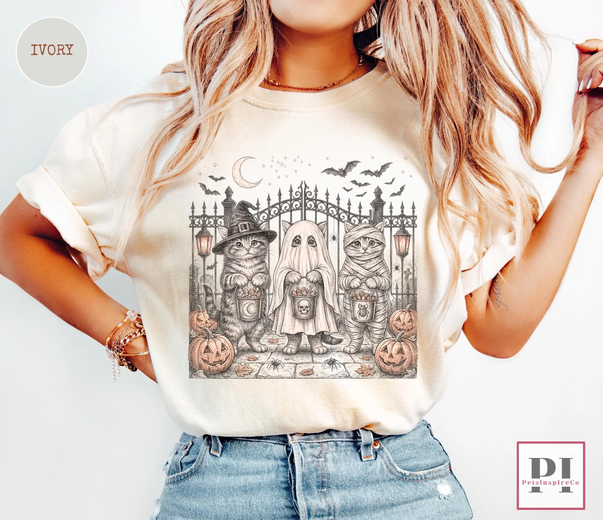 Comfort Colors Halloween Cat Shirt, Ghost Witch Mummy Graphic Tee, Cute Spooky Season Lover Gift - photo 3