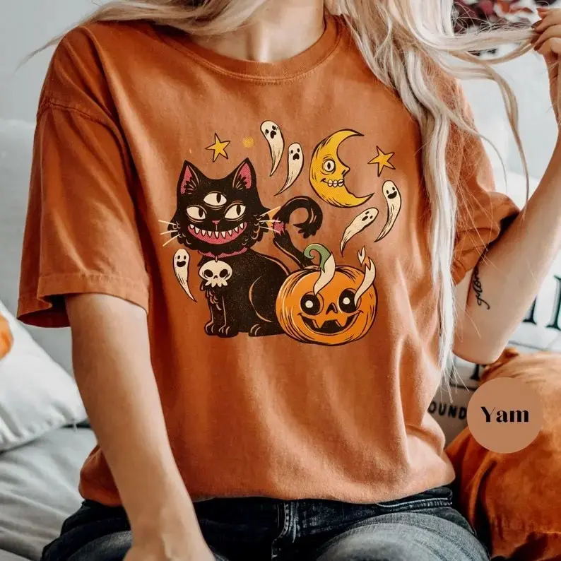 Halloween Cat Shirt for Women, Witch Black Kitty Ghost Tee, Spooky Season Comfort Colors Soft Cotton Graphic Fall Top