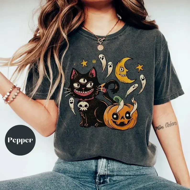 Halloween Cat Shirt for Women, Witch Black Kitty Ghost Tee, Spooky Season Comfort Colors Soft Cotton Graphic Fall Top - photo 2