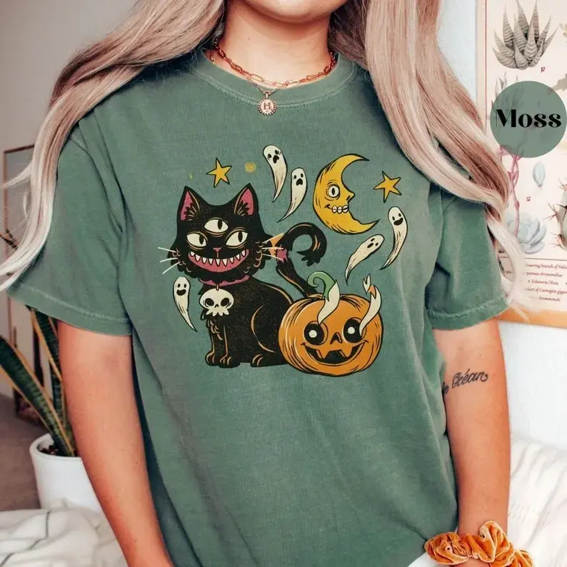 Halloween Cat Shirt for Women, Witch Black Kitty Ghost Tee, Spooky Season Comfort Colors Soft Cotton Graphic Fall Top - photo 3