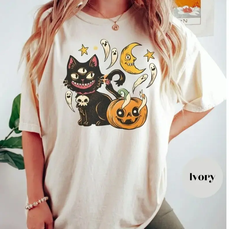 Halloween Cat Shirt for Women, Witch Black Kitty Ghost Tee, Spooky Season Comfort Colors Soft Cotton Graphic Fall Top - photo 4