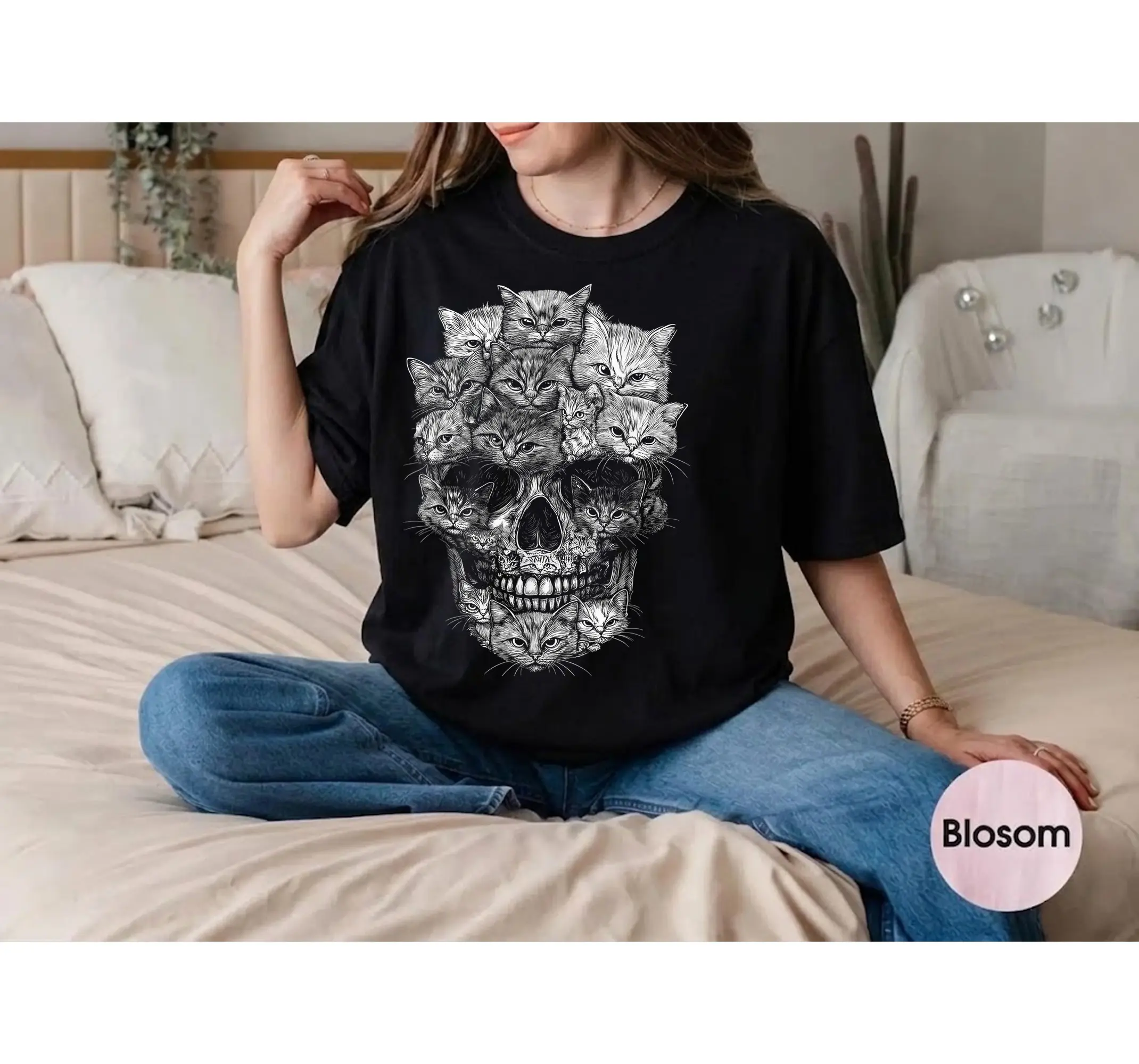 Halloween Cat Skull Graphic Tee, Cute Spooky Kitty Skeleton Shirt Formed by Cats