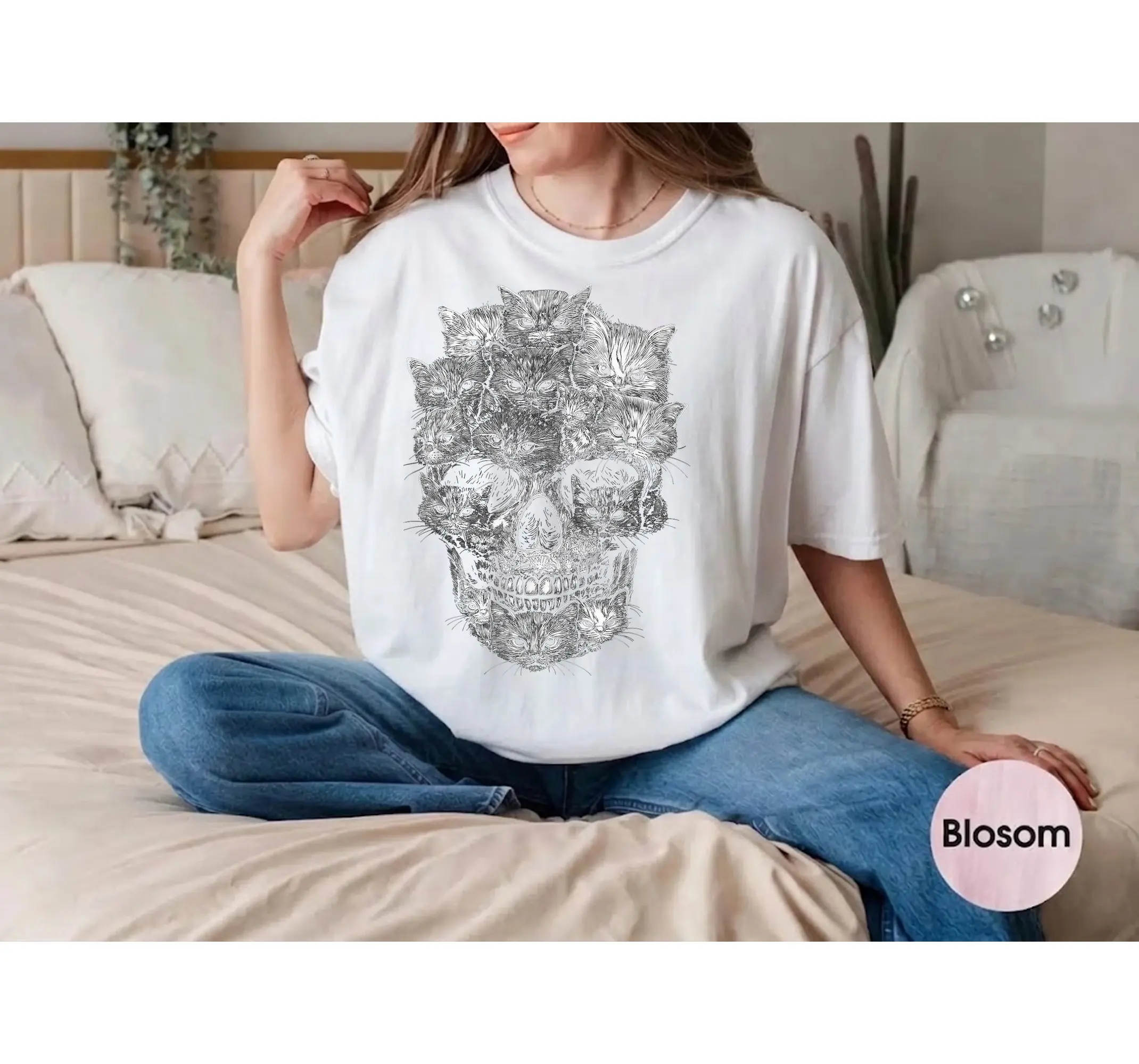 Halloween Cat Skull Graphic Tee, Cute Spooky Kitty Skeleton Shirt Formed by Cats - photo 2