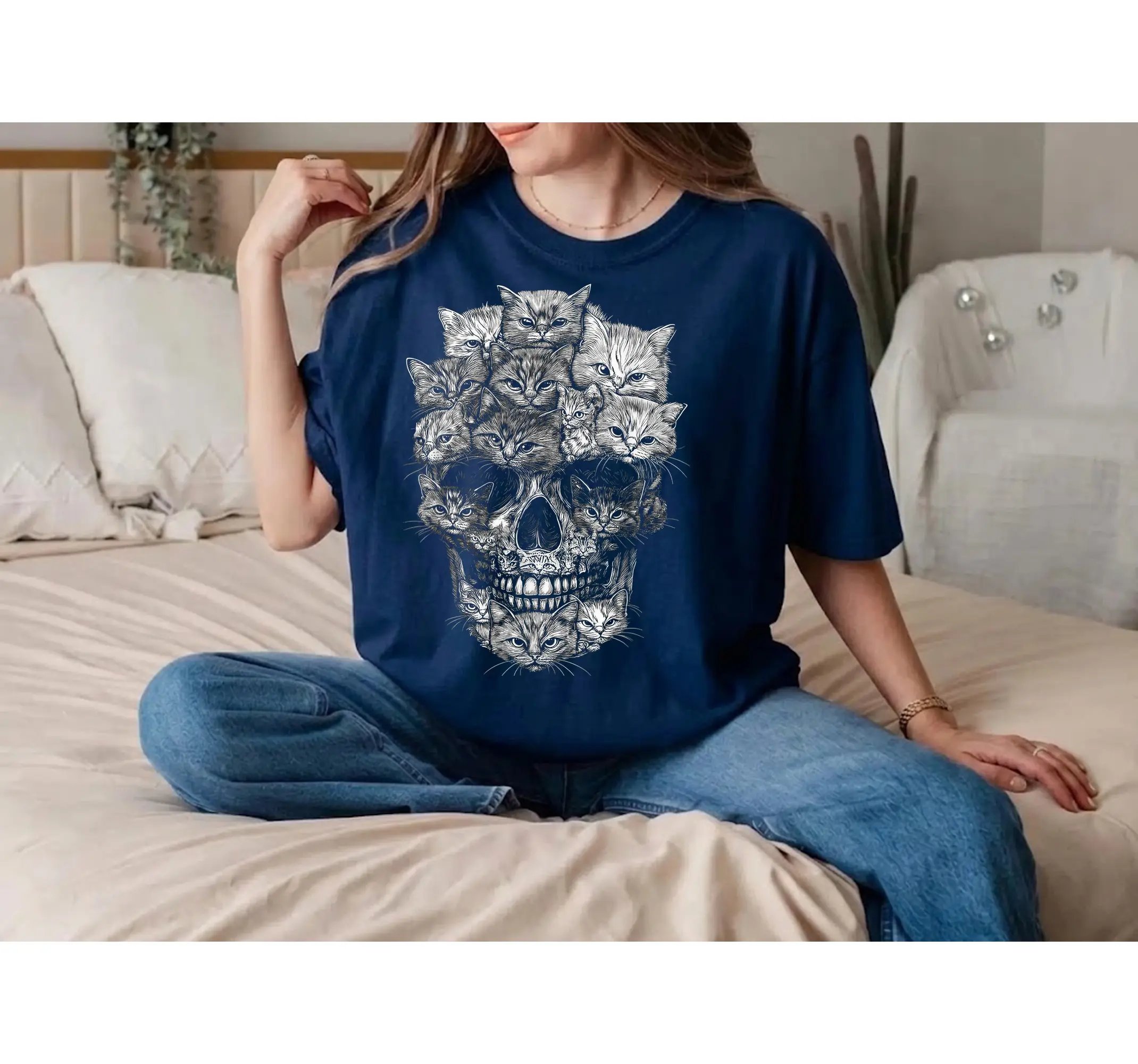 Halloween Cat Skull Graphic Tee, Cute Spooky Kitty Skeleton Shirt Formed by Cats - photo 3