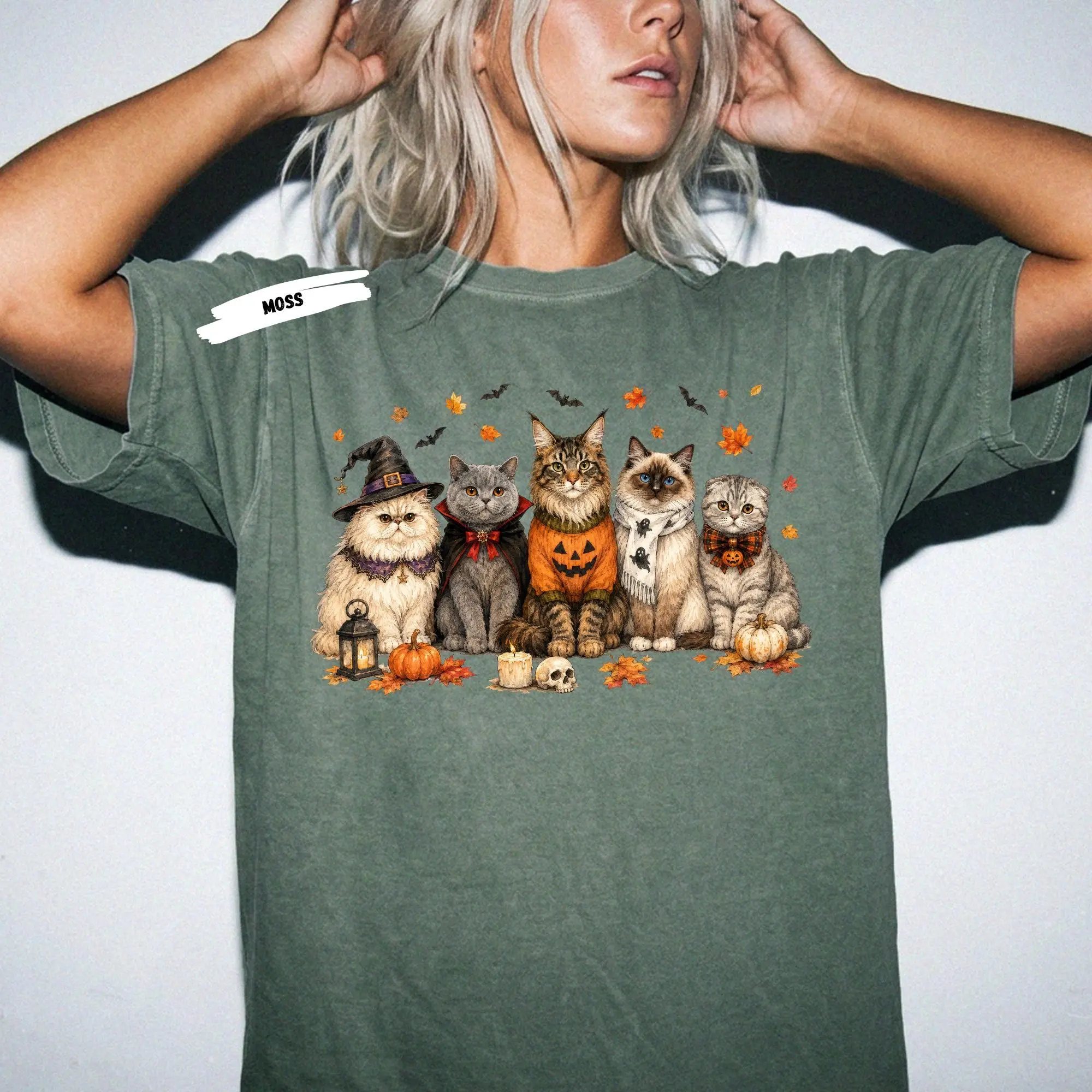 Halloween Spooky Cats Sweatshirt, Witch Vampire Pumpkin Kitty Graphic Crewneck, Fall Cat Mom Gift