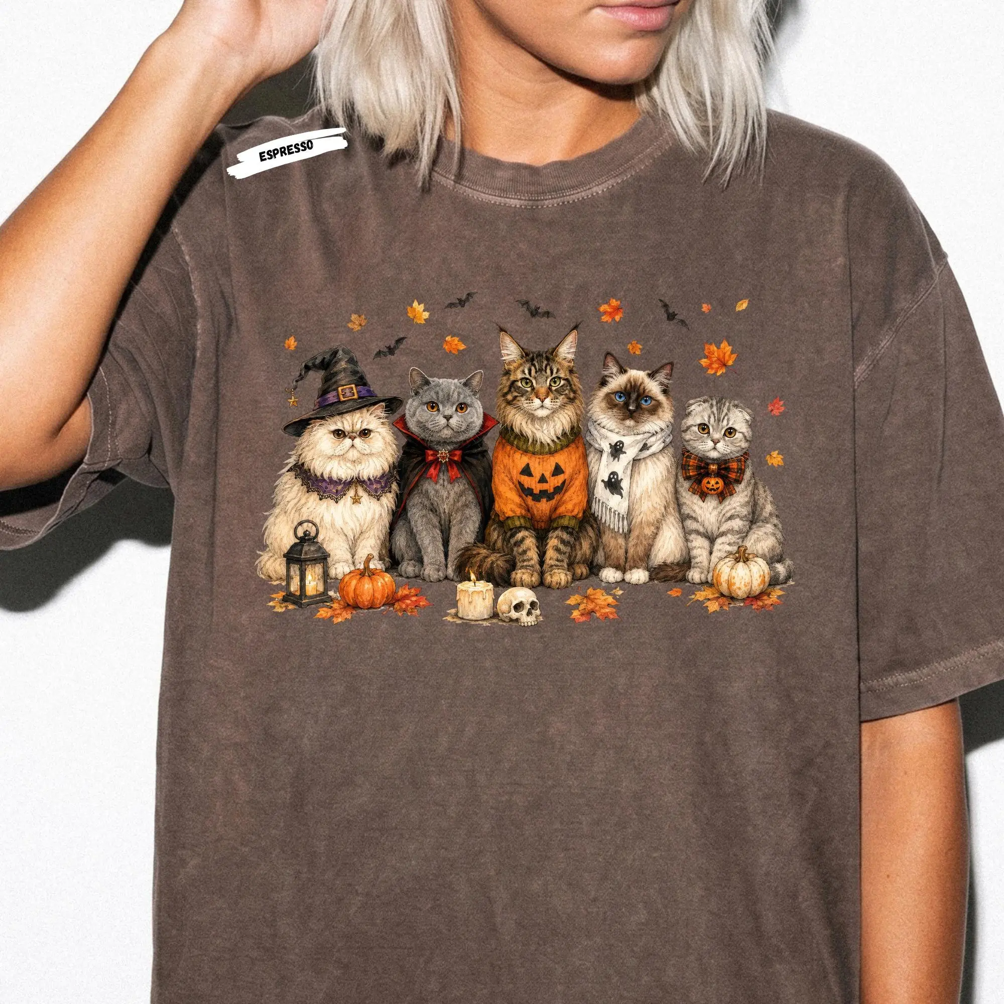 Halloween Spooky Cats Sweatshirt, Witch Vampire Pumpkin Kitty Graphic Crewneck, Fall Cat Mom Gift - photo 2