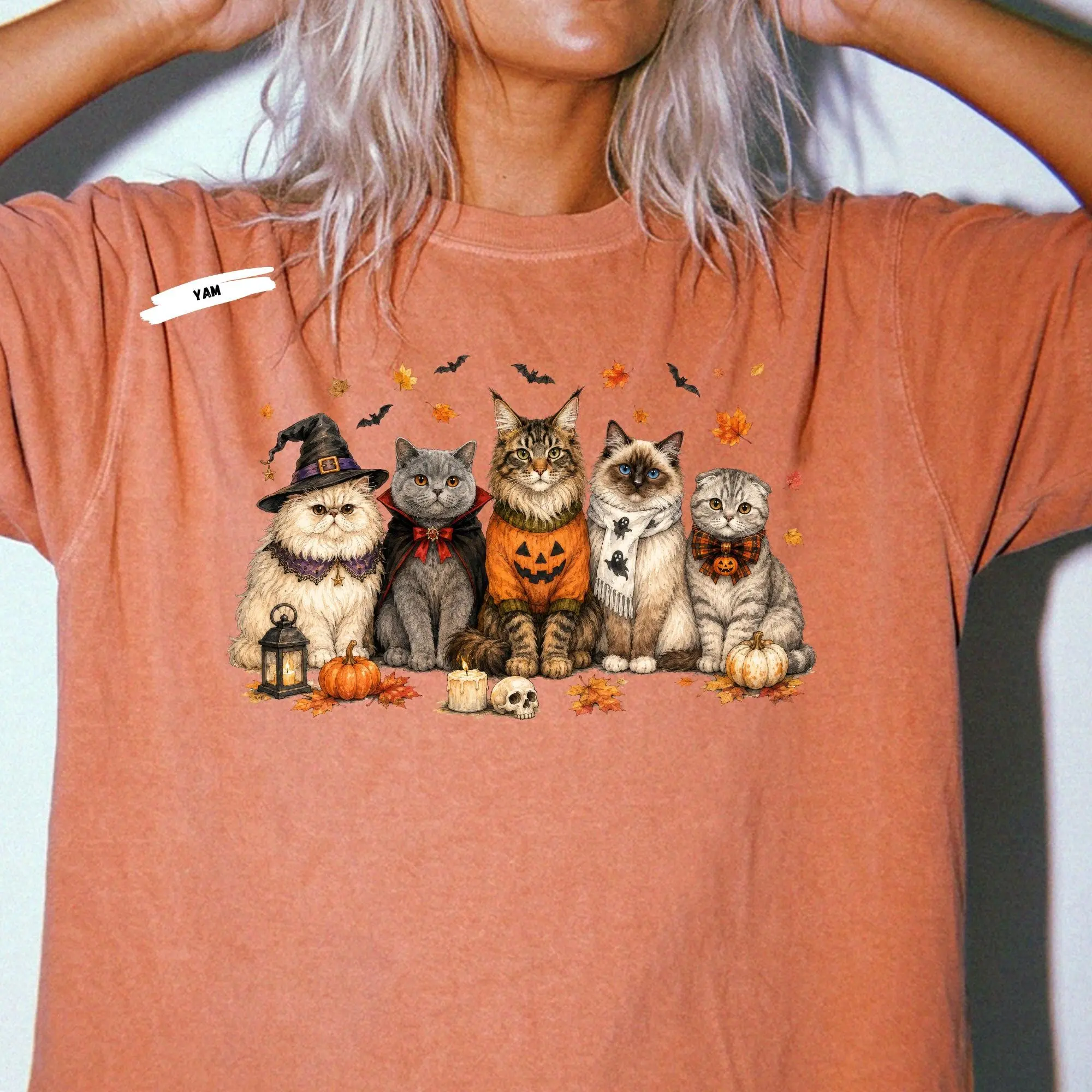 Halloween Spooky Cats Sweatshirt, Witch Vampire Pumpkin Kitty Graphic Crewneck, Fall Cat Mom Gift - photo 3