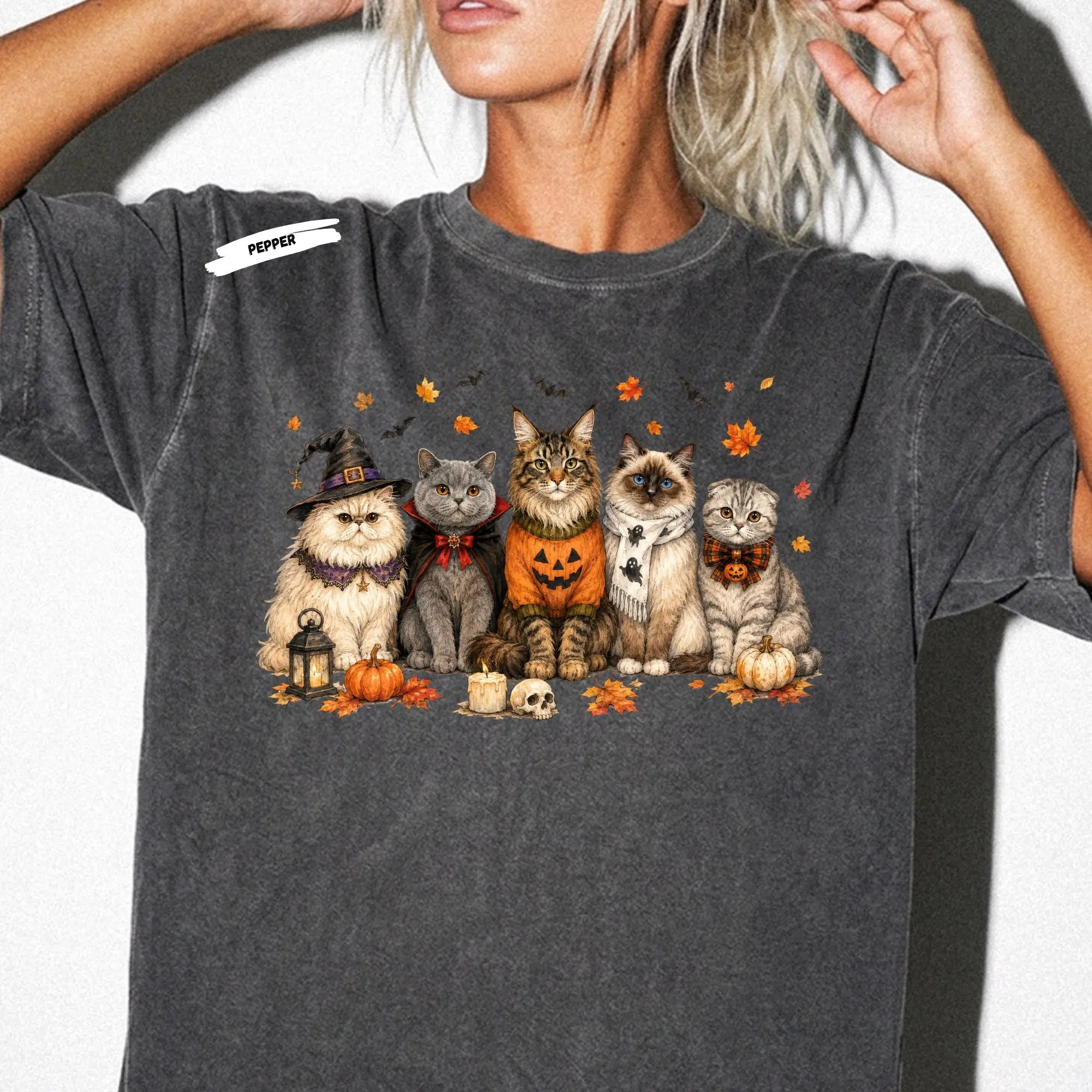 Halloween Spooky Cats Sweatshirt, Witch Vampire Pumpkin Kitty Graphic Crewneck, Fall Cat Mom Gift - photo 4