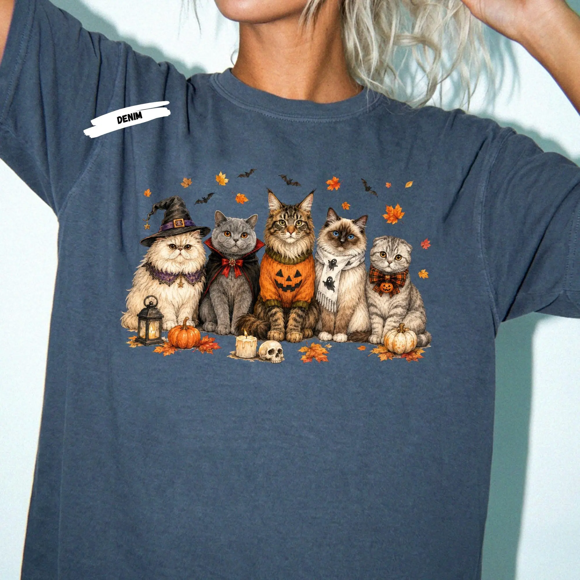 Halloween Spooky Cats Sweatshirt, Witch Vampire Pumpkin Kitty Graphic Crewneck, Fall Cat Mom Gift - photo 5