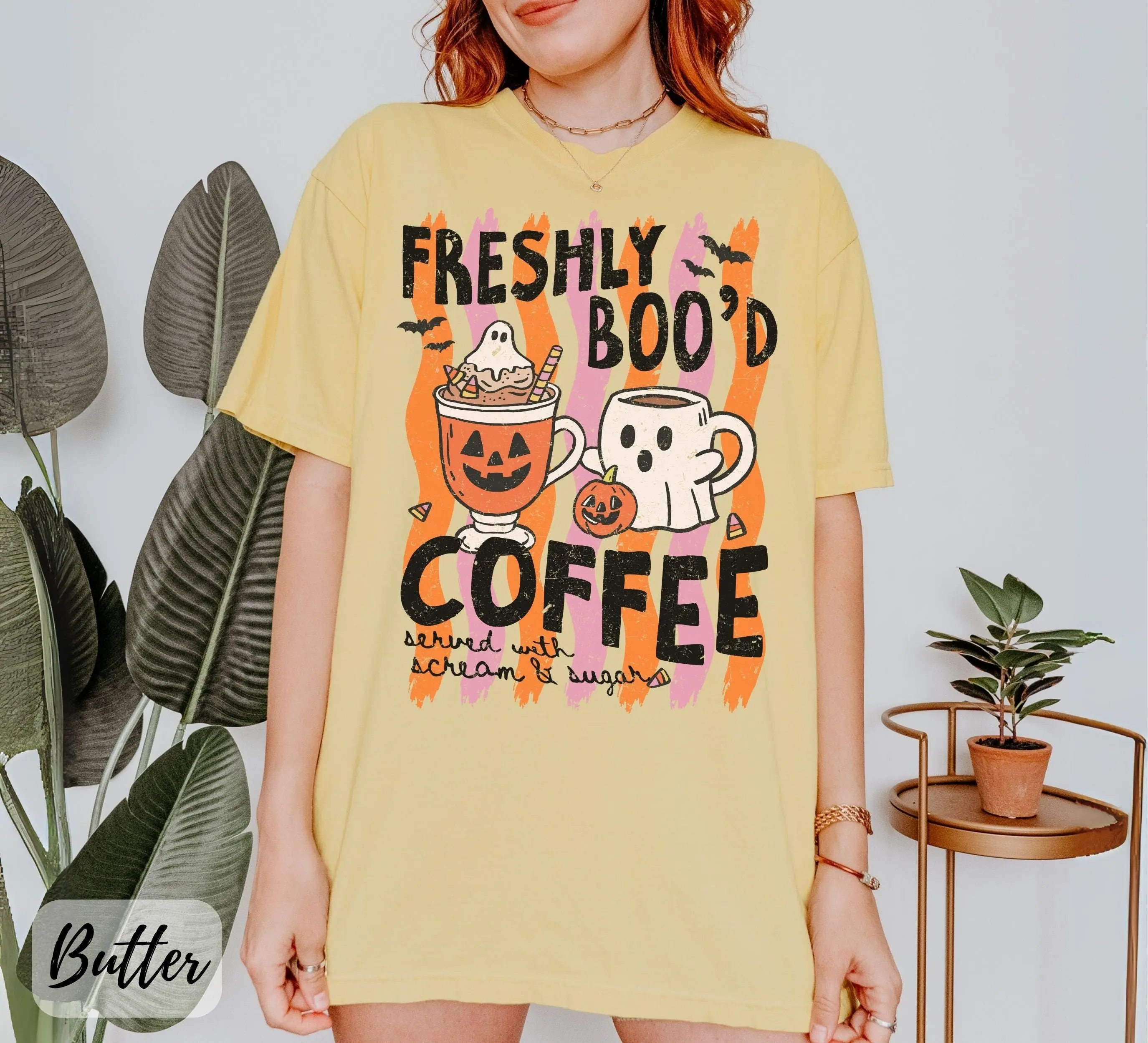 Comfort Colors Halloween Coffee Lover Shirt, Freshly Boo'd Pumpkin Spice Latte Graphic Tee Gift