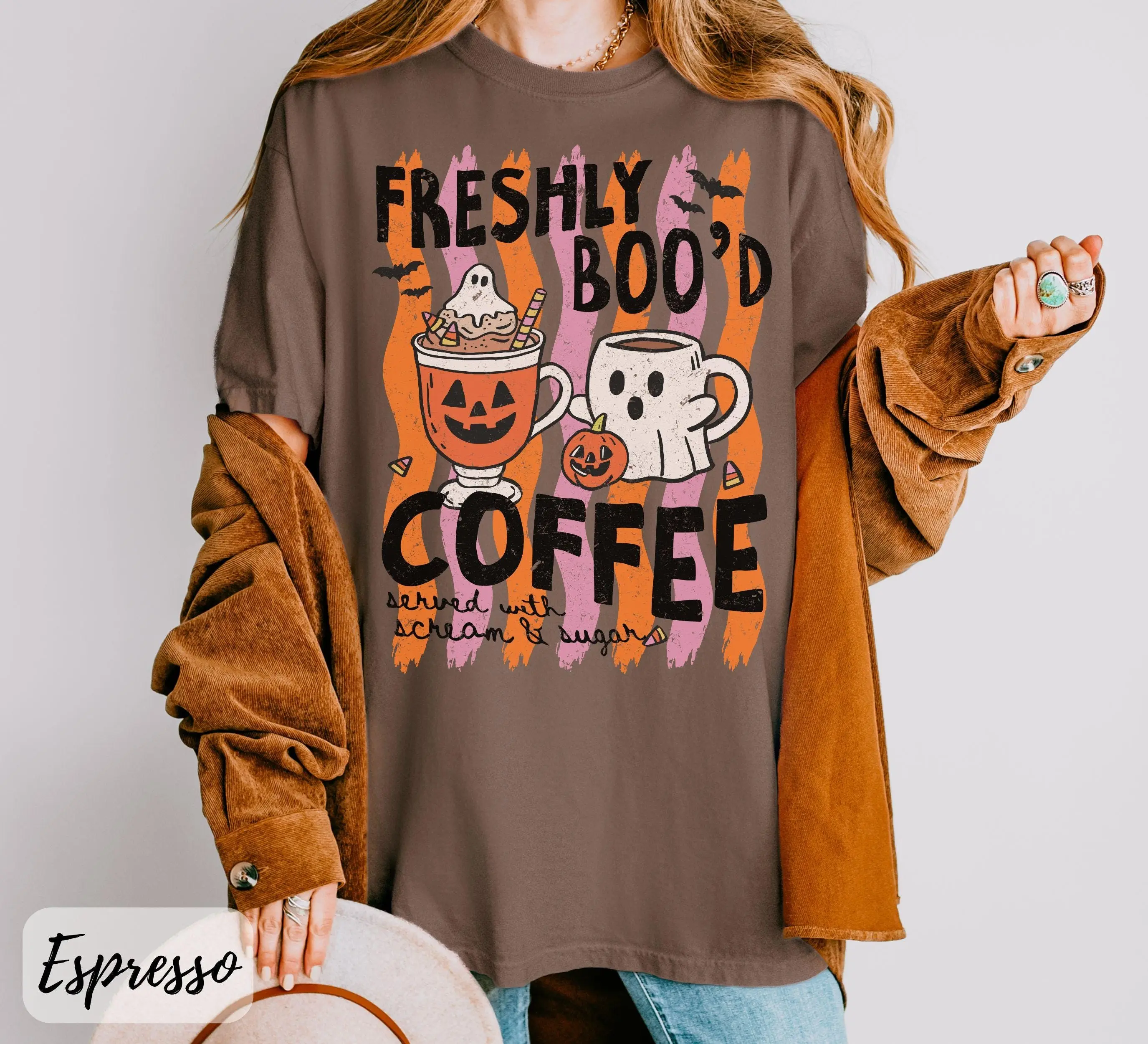 Comfort Colors Halloween Coffee Lover Shirt, Freshly Boo'd Pumpkin Spice Latte Graphic Tee Gift - photo 2