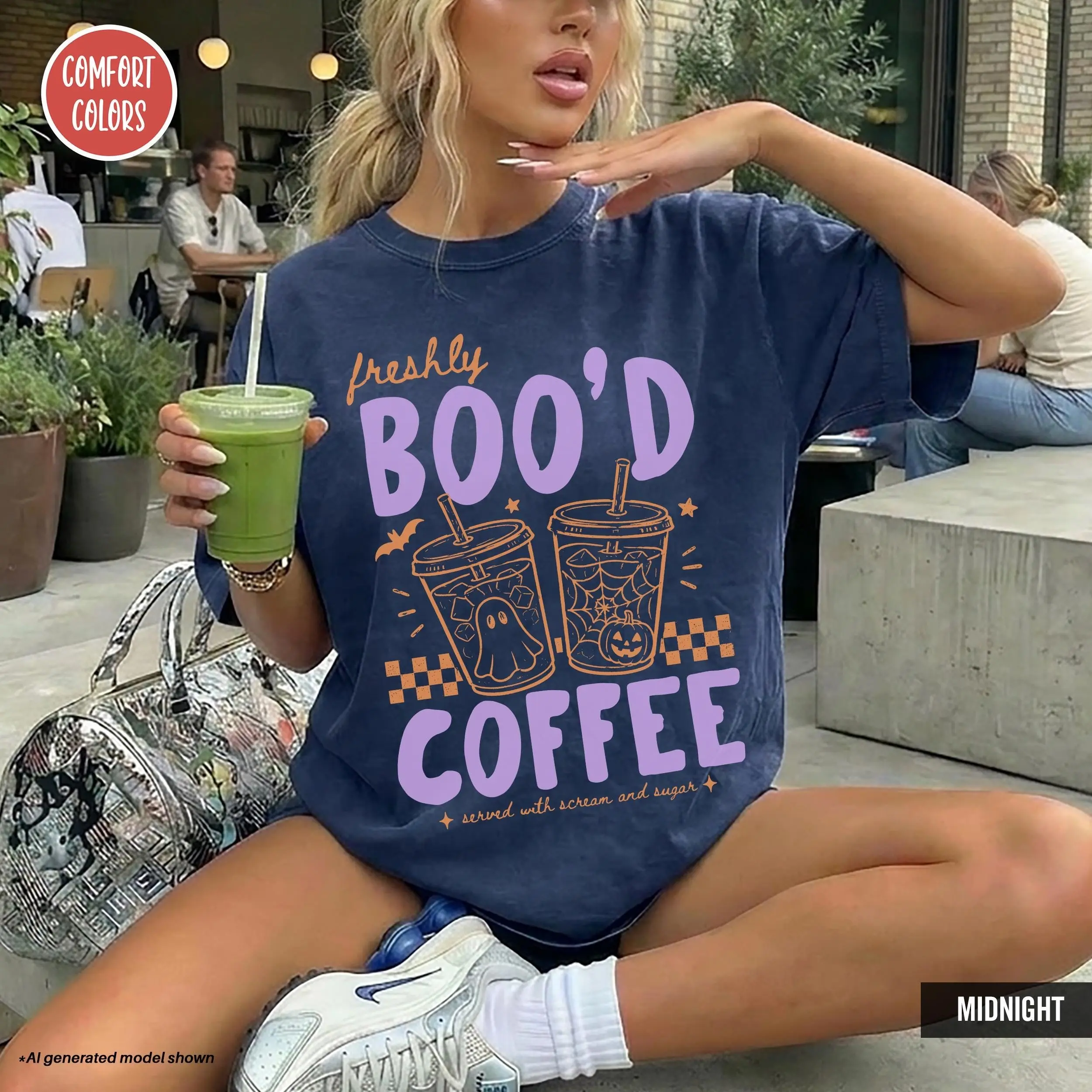 Comfort Colors Freshly Boo'd Halloween Coffee Shirt, Spooky Season Graphic Tee, Latte Lover Gift - photo 4