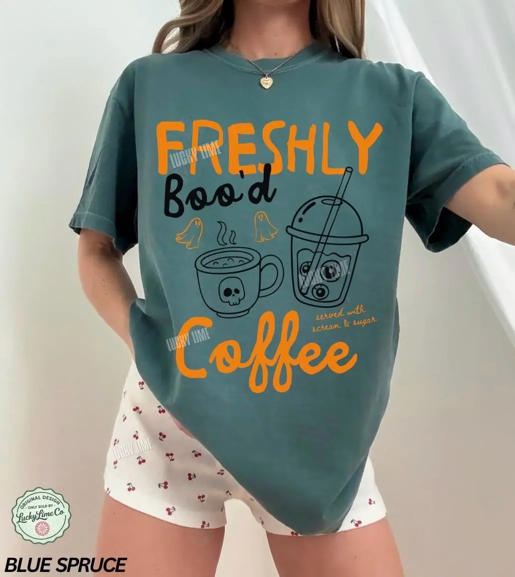 Freshly Boo'd Halloween Coffee Shirt, Cute Ghost Skeleton Pumpkin Spice Tee, Spooky Season Lover Gift - photo 5