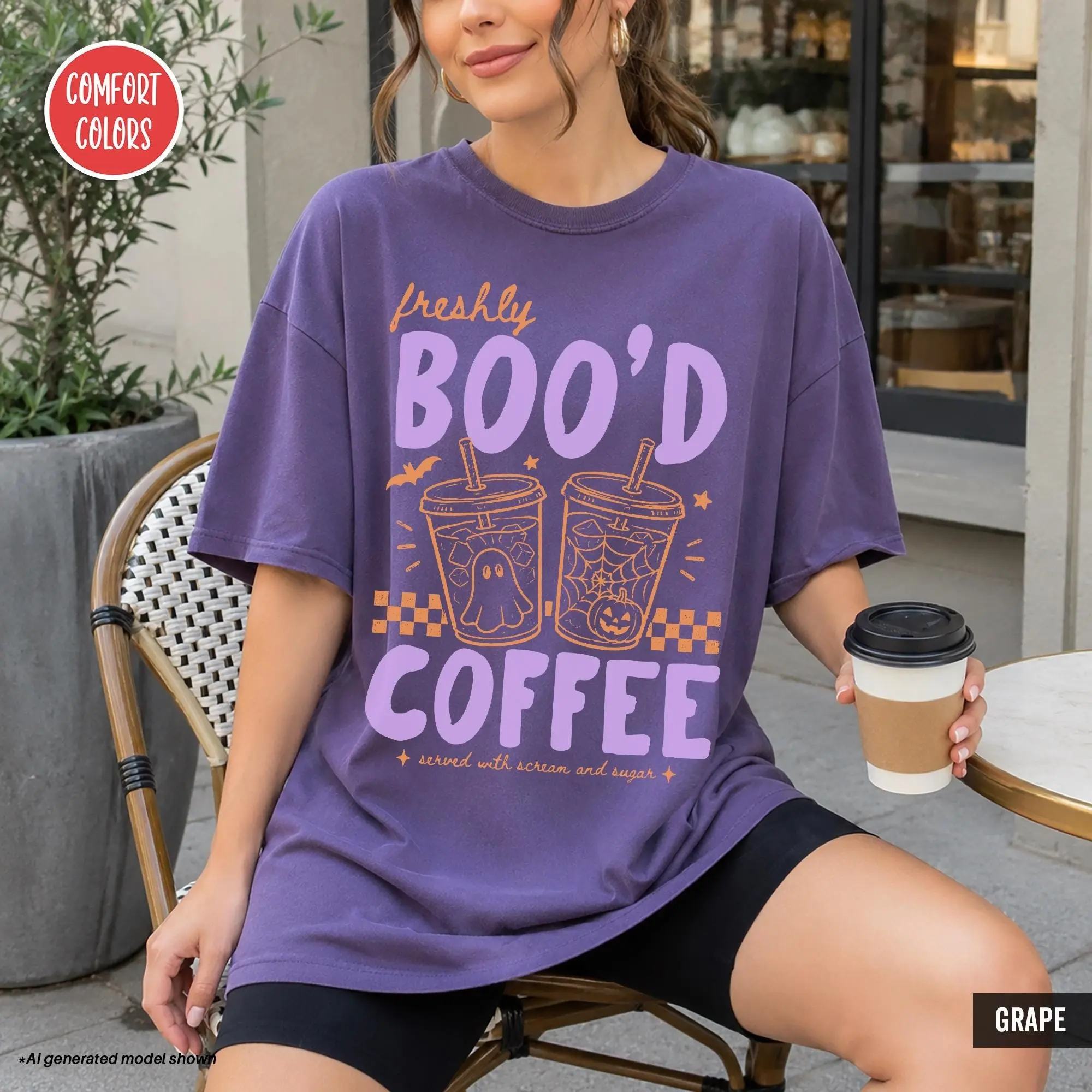 Comfort Colors Freshly Boo'd Halloween Coffee Sweatshirt, Spooky Season Graphic Crewneck, Latte Lover Gift