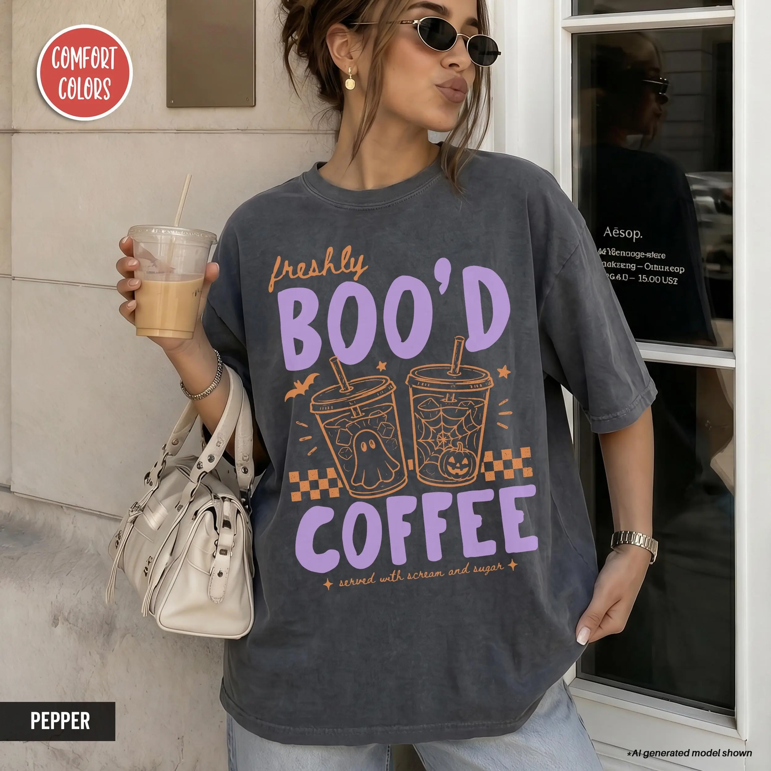 Comfort Colors Freshly Boo'd Halloween Coffee Sweatshirt, Spooky Season Graphic Crewneck, Latte Lover Gift - photo 2