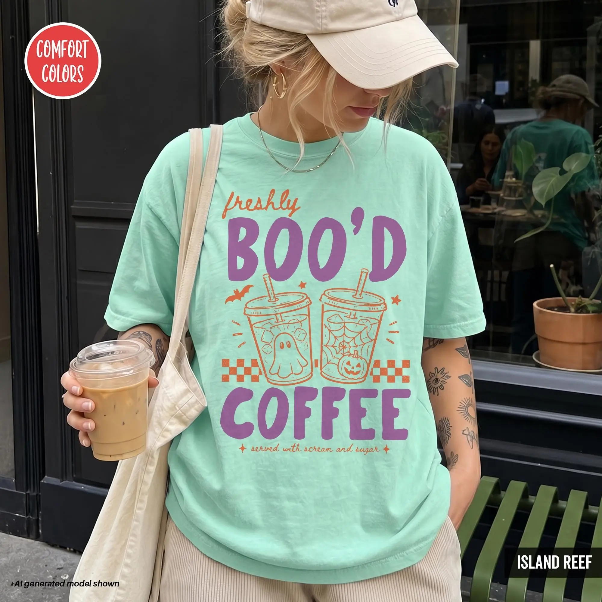 Comfort Colors Freshly Boo'd Halloween Coffee Sweatshirt, Spooky Season Graphic Crewneck, Latte Lover Gift - photo 3