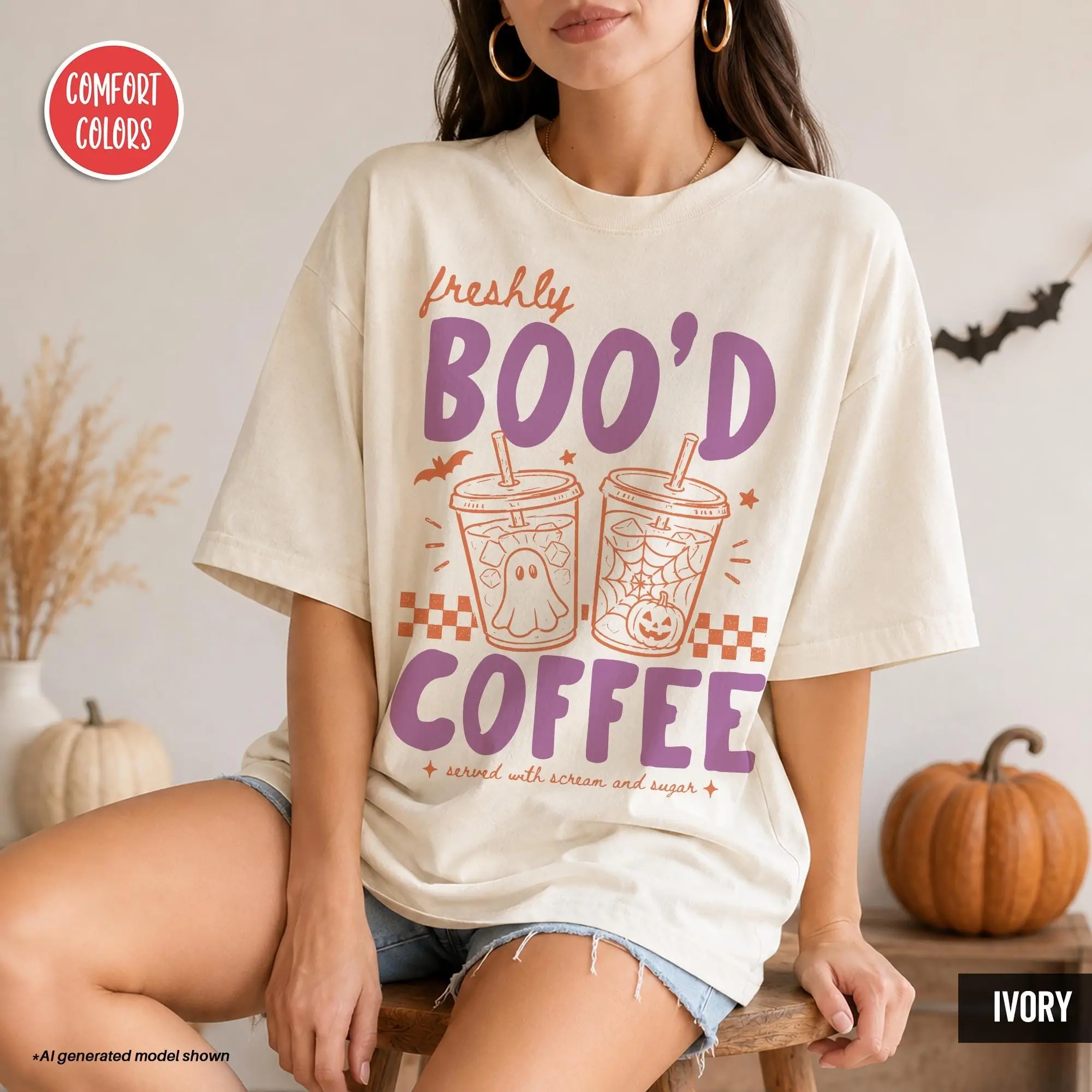 Comfort Colors Freshly Boo'd Halloween Coffee Sweatshirt, Spooky Season Graphic Crewneck, Latte Lover Gift - photo 5