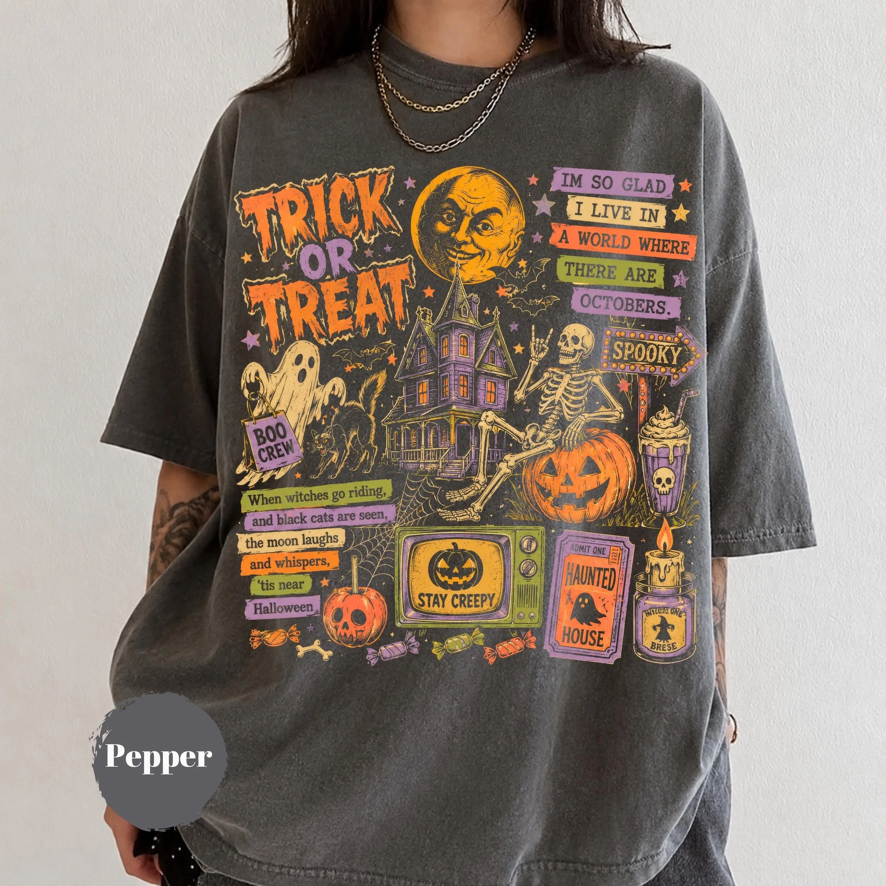 Comfort Colors Halloween Collage Shirt, Retro Spooky Season Ghost Pumpkin Bat Vintage Fall Tee for Women