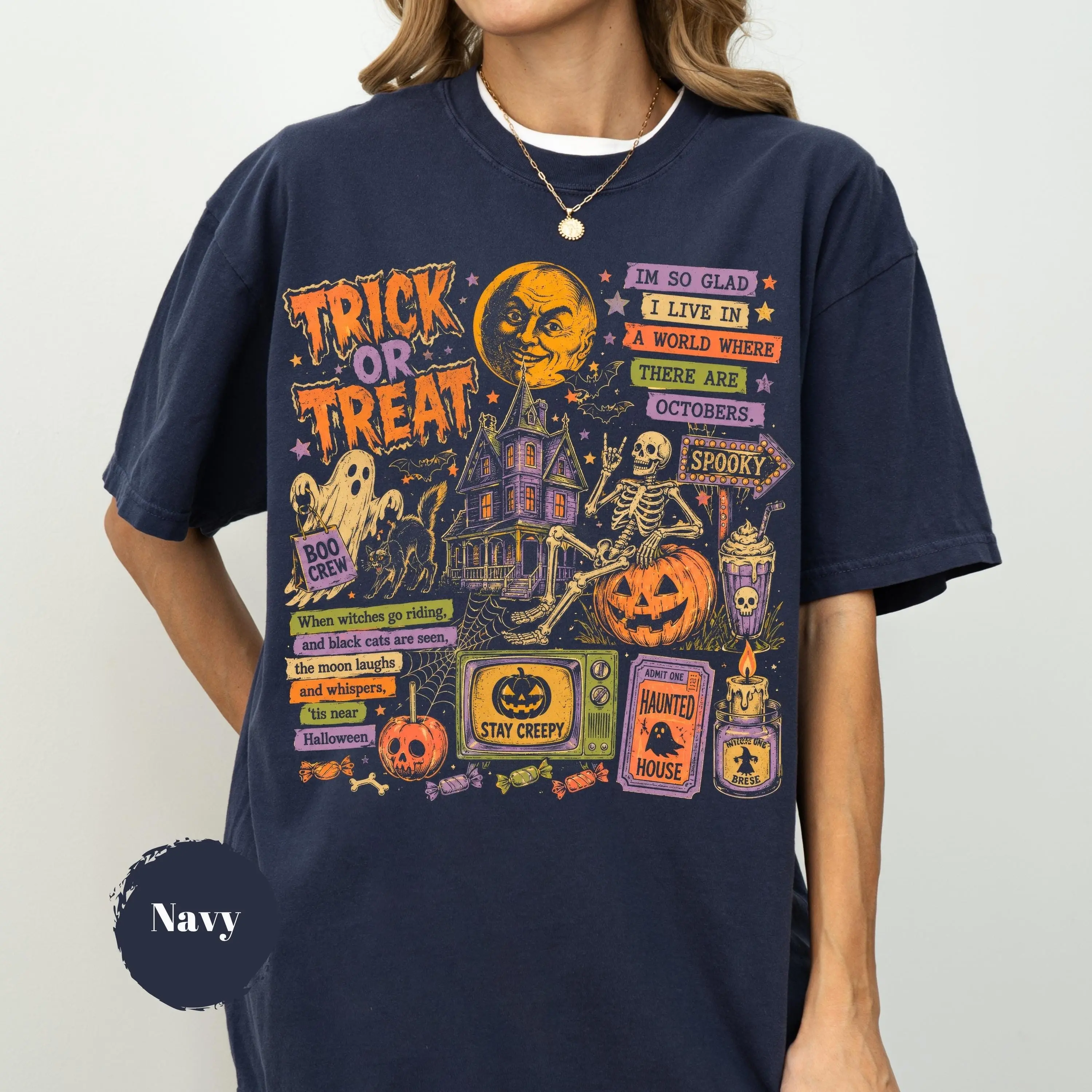 Comfort Colors Halloween Collage Shirt, Retro Spooky Season Ghost Pumpkin Bat Vintage Fall Tee for Women - photo 2