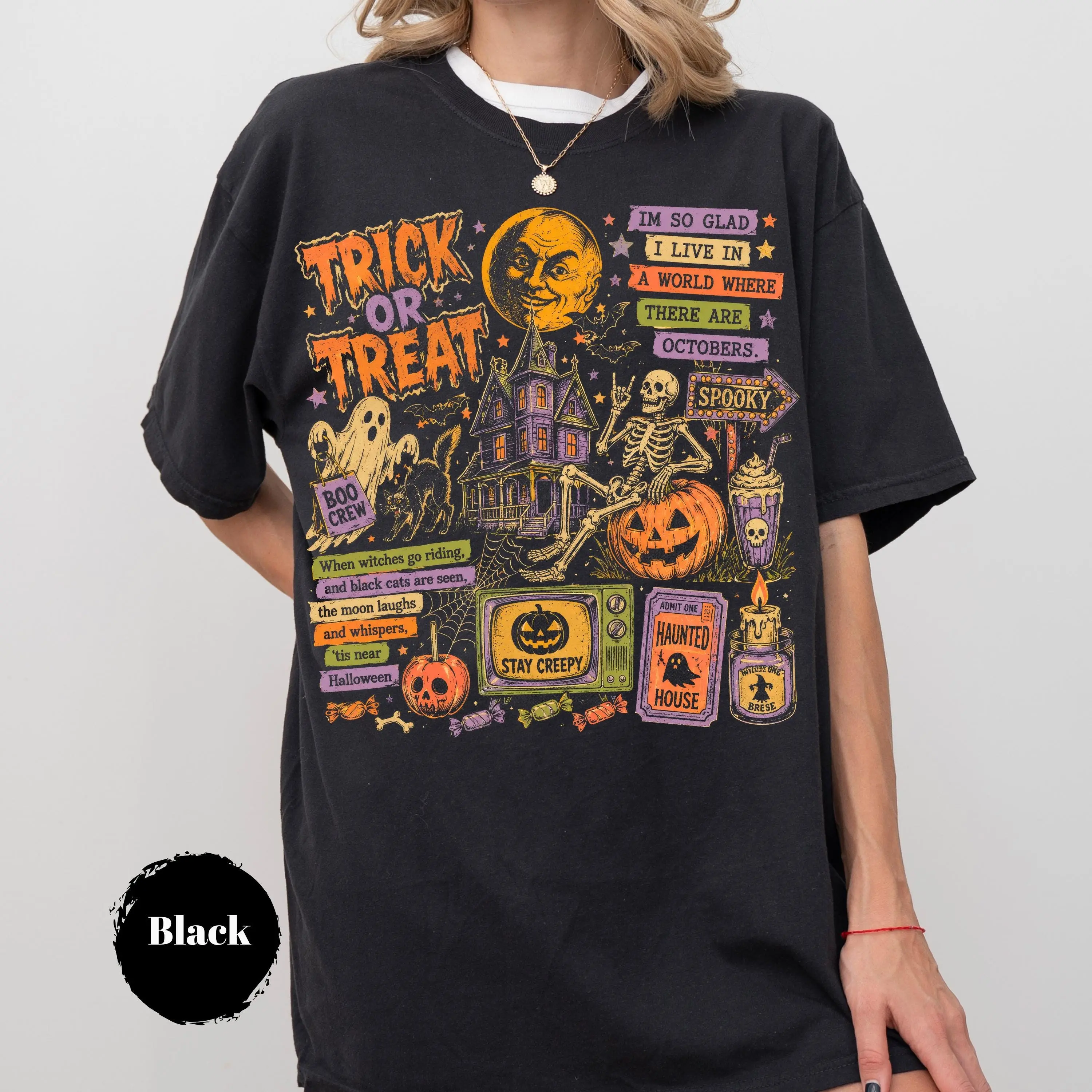 Comfort Colors Halloween Collage Shirt, Retro Spooky Season Ghost Pumpkin Bat Vintage Fall Tee for Women - photo 3