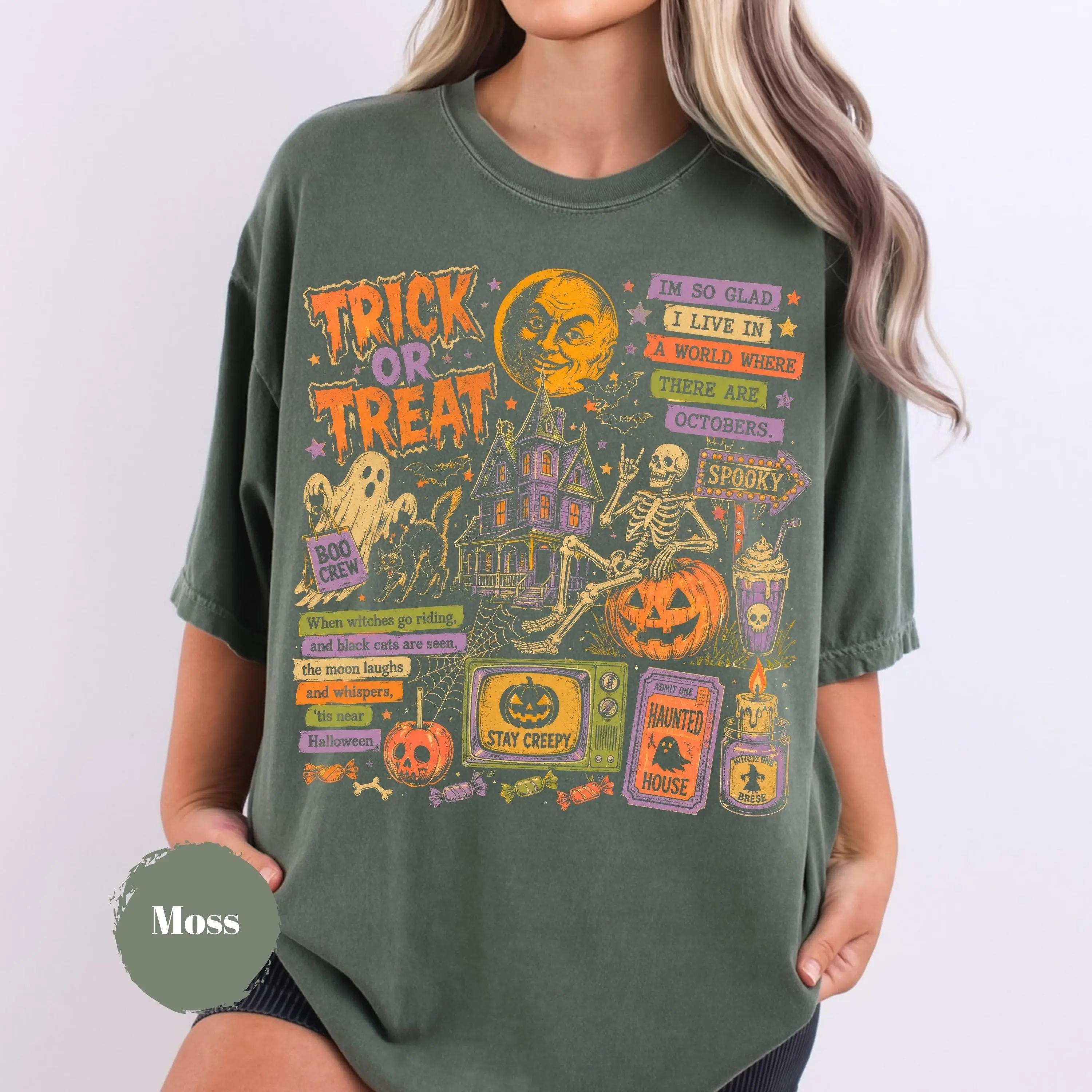 Comfort Colors Halloween Collage Shirt, Retro Spooky Season Ghost Pumpkin Bat Vintage Fall Tee for Women - photo 4