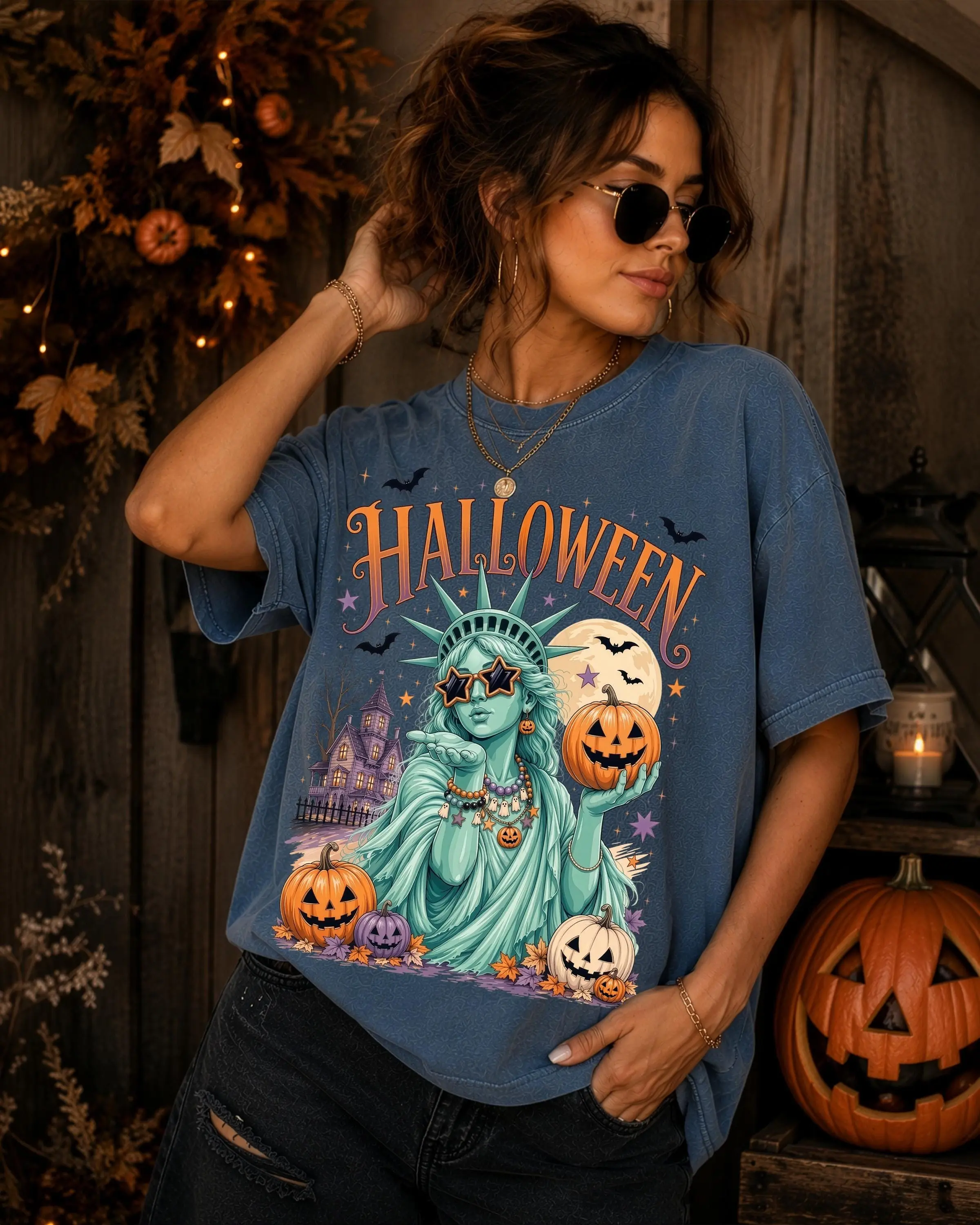 Comfort Colors Statue of Liberty Halloween Shirt, Unisex Vintage Retro Spooky Season Fall Tee - photo 3