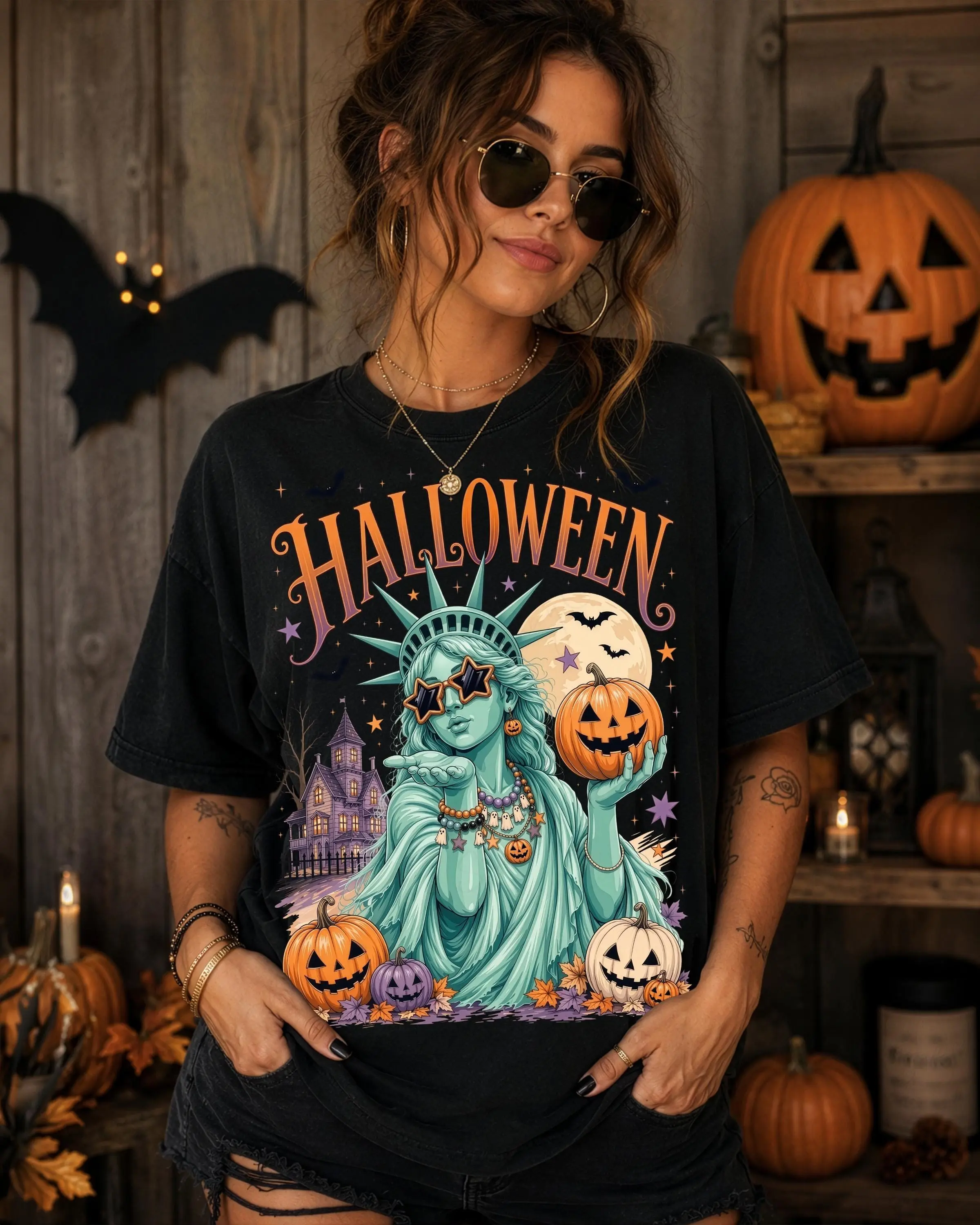 Comfort Colors Statue of Liberty Halloween Shirt, Unisex Vintage Retro Spooky Season Fall Tee - photo 4