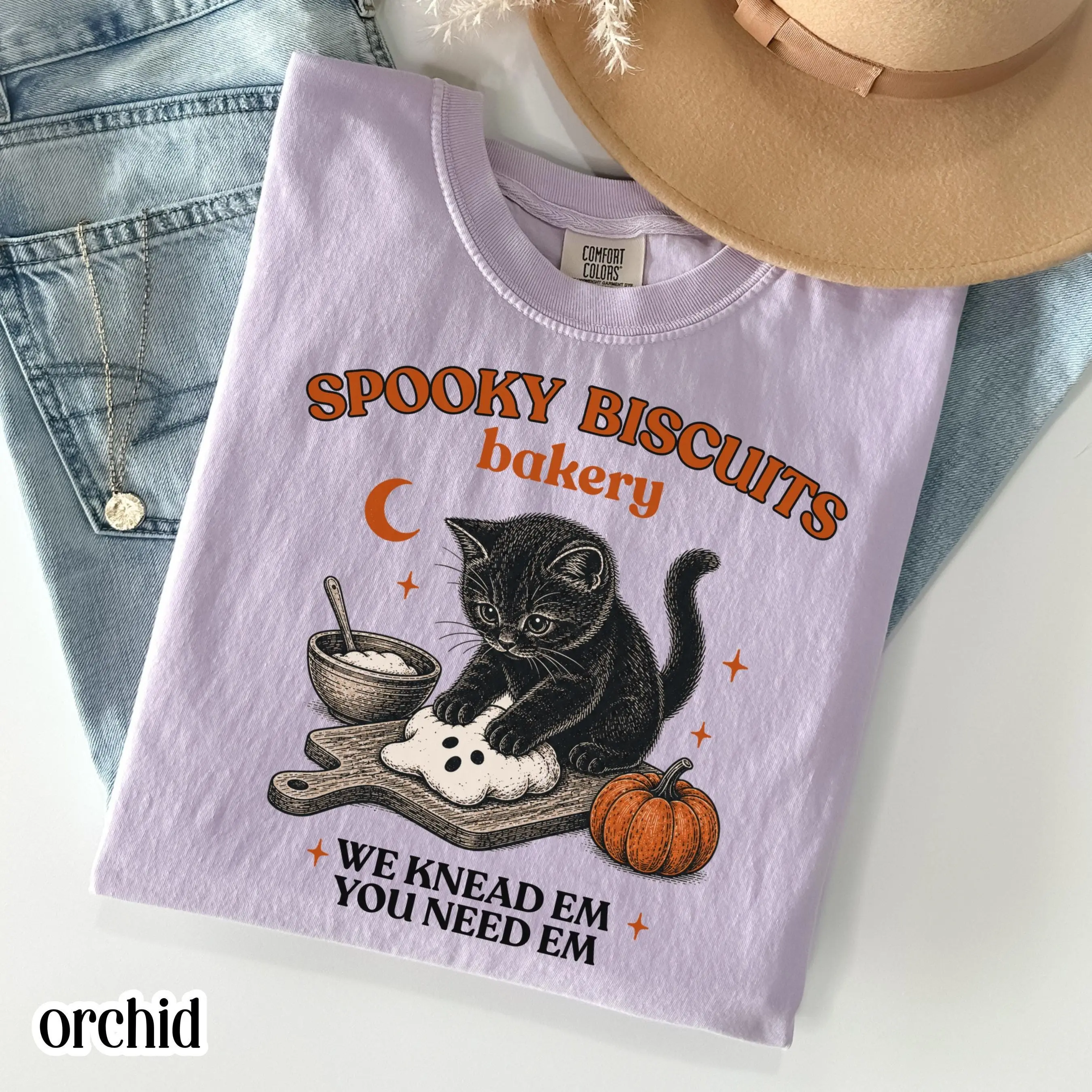 Comfort Colors Kitty Biscuits Shirt, Black Cat Vintage Baking Pumpkin Spooky Season Fall Halloween Tee
