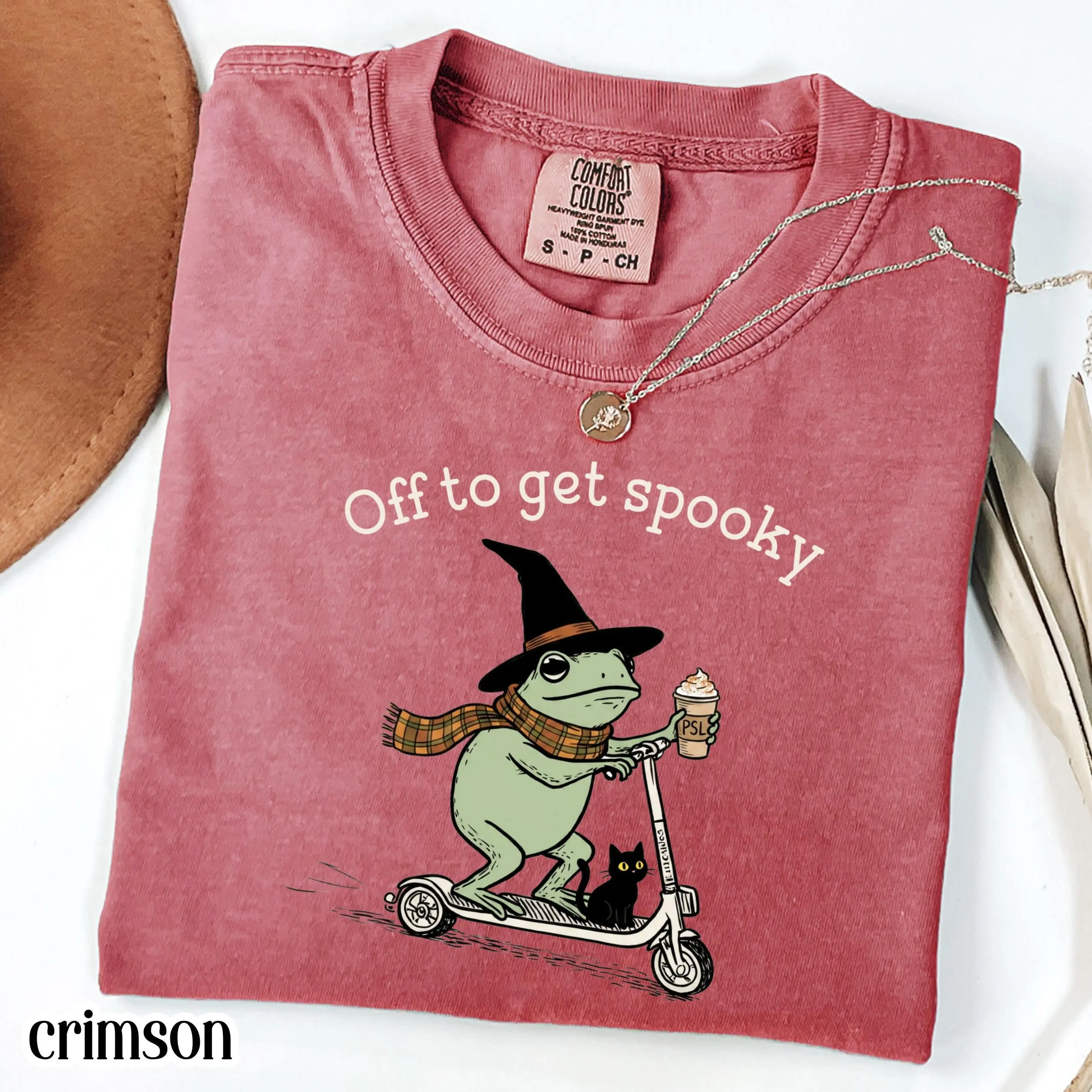 Comfort Colors Halloween Shirt, Off To Get Spooky Frog Scooter Tee, Silly Cozy Witch Black Cat Pumpkin Spice Top