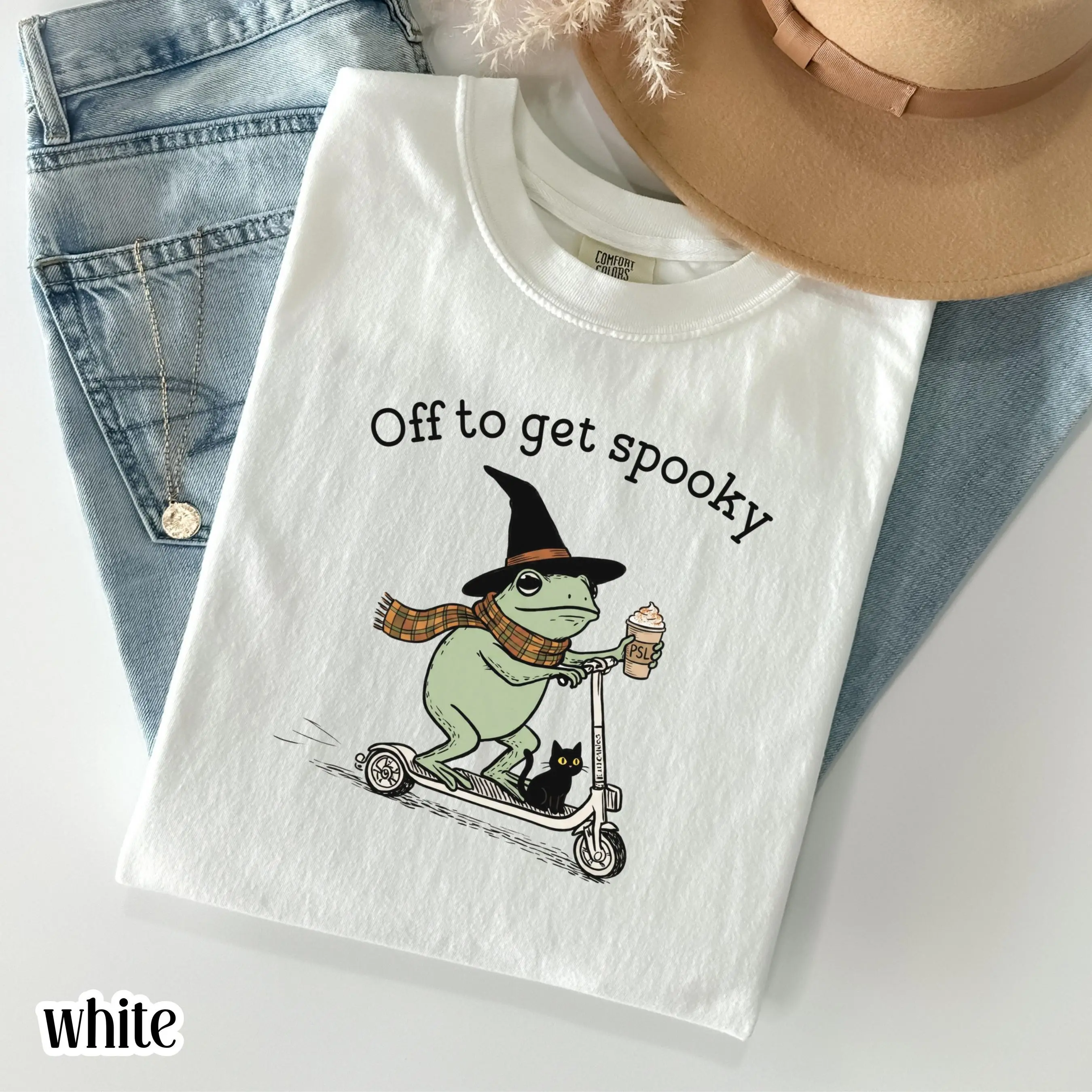 Comfort Colors Halloween Shirt, Off To Get Spooky Frog Scooter Tee, Silly Cozy Witch Black Cat Pumpkin Spice Top - photo 2