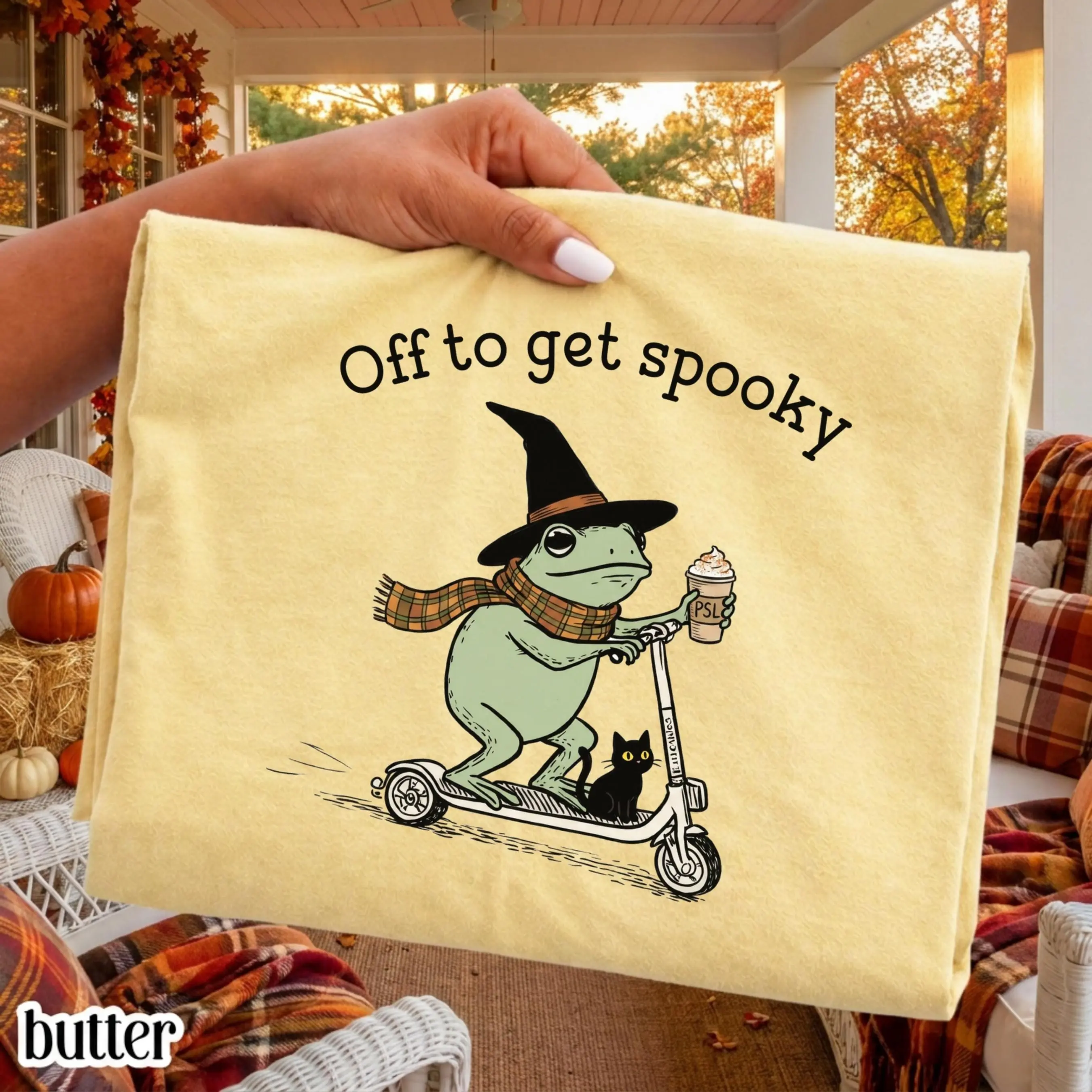 Comfort Colors Halloween Shirt, Off To Get Spooky Frog Scooter Tee, Silly Cozy Witch Black Cat Pumpkin Spice Top - photo 3