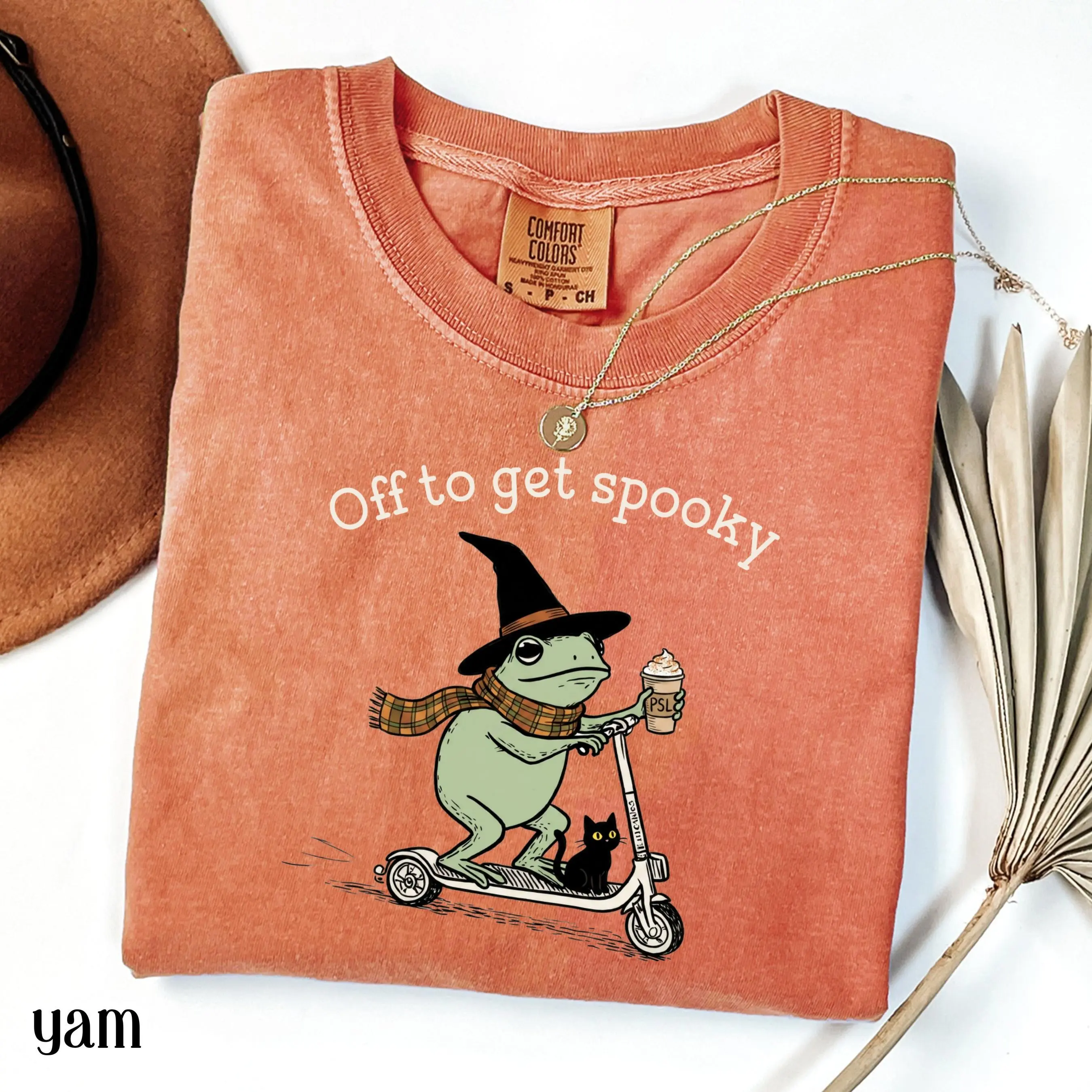 Comfort Colors Halloween Shirt, Off To Get Spooky Frog Scooter Tee, Silly Cozy Witch Black Cat Pumpkin Spice Top - photo 4